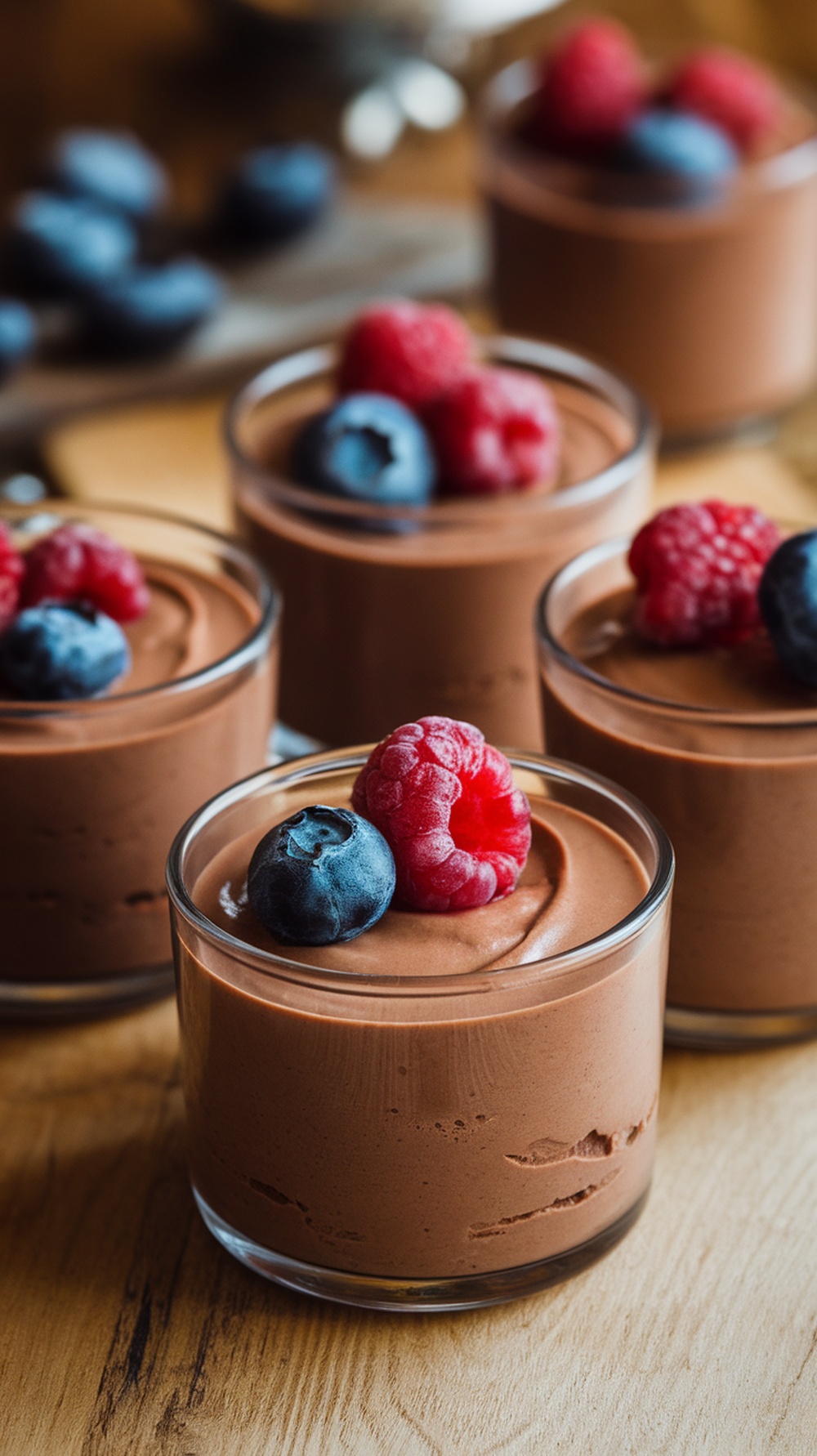 Chocolate mousse cups topped with fresh berries.