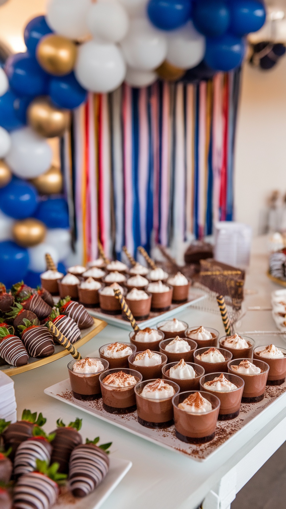 Chocolate mousse served in mini cups, topped with whipped cream and cocoa