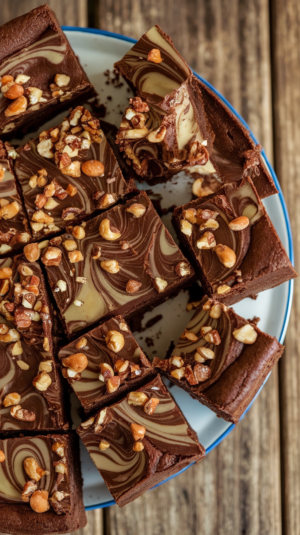 Delicious chocolate swirl brownies topped with nuts, cut into squares