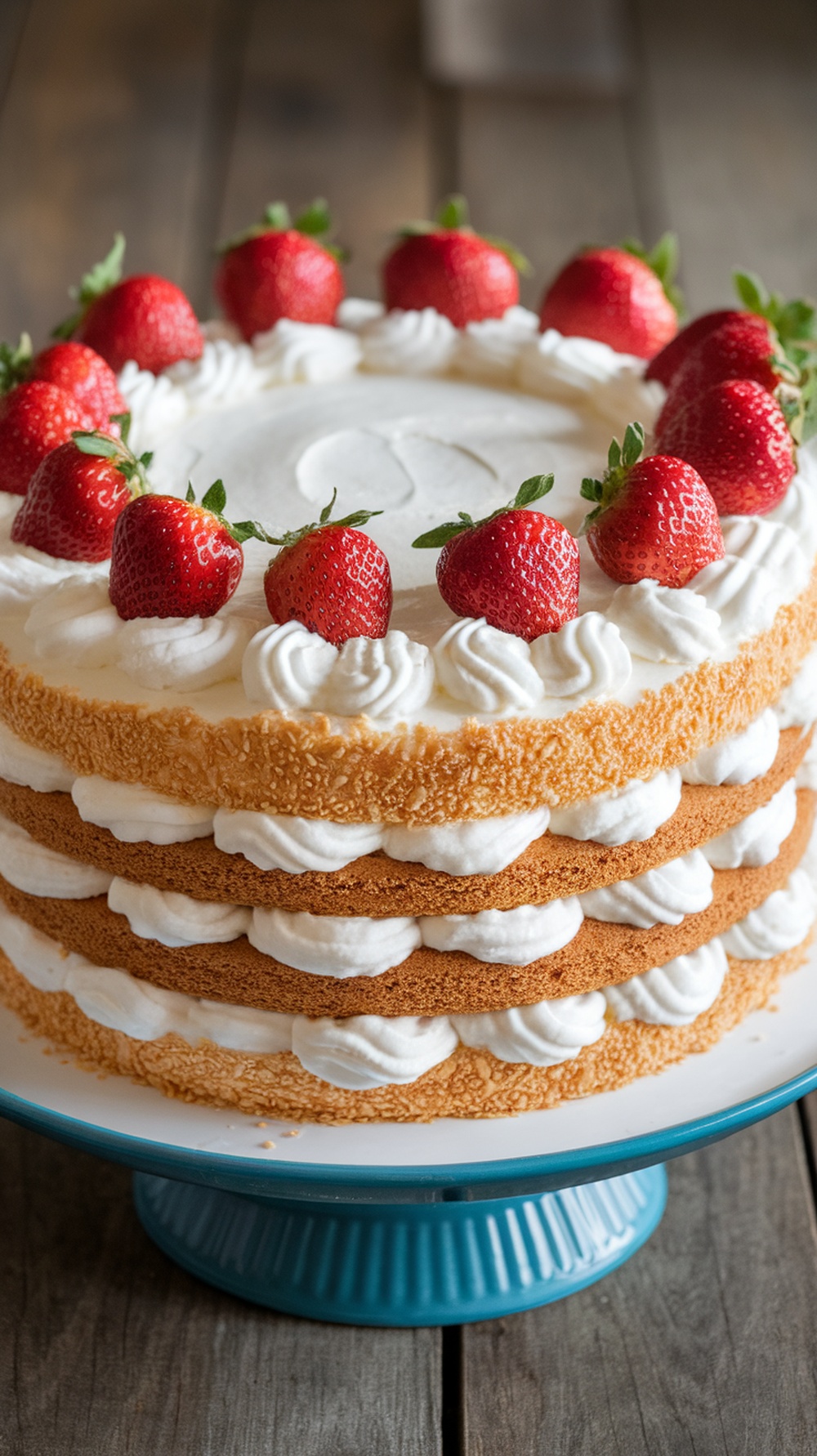 A beautifully layered tres leches cake topped with fresh strawberries and whipped cream.