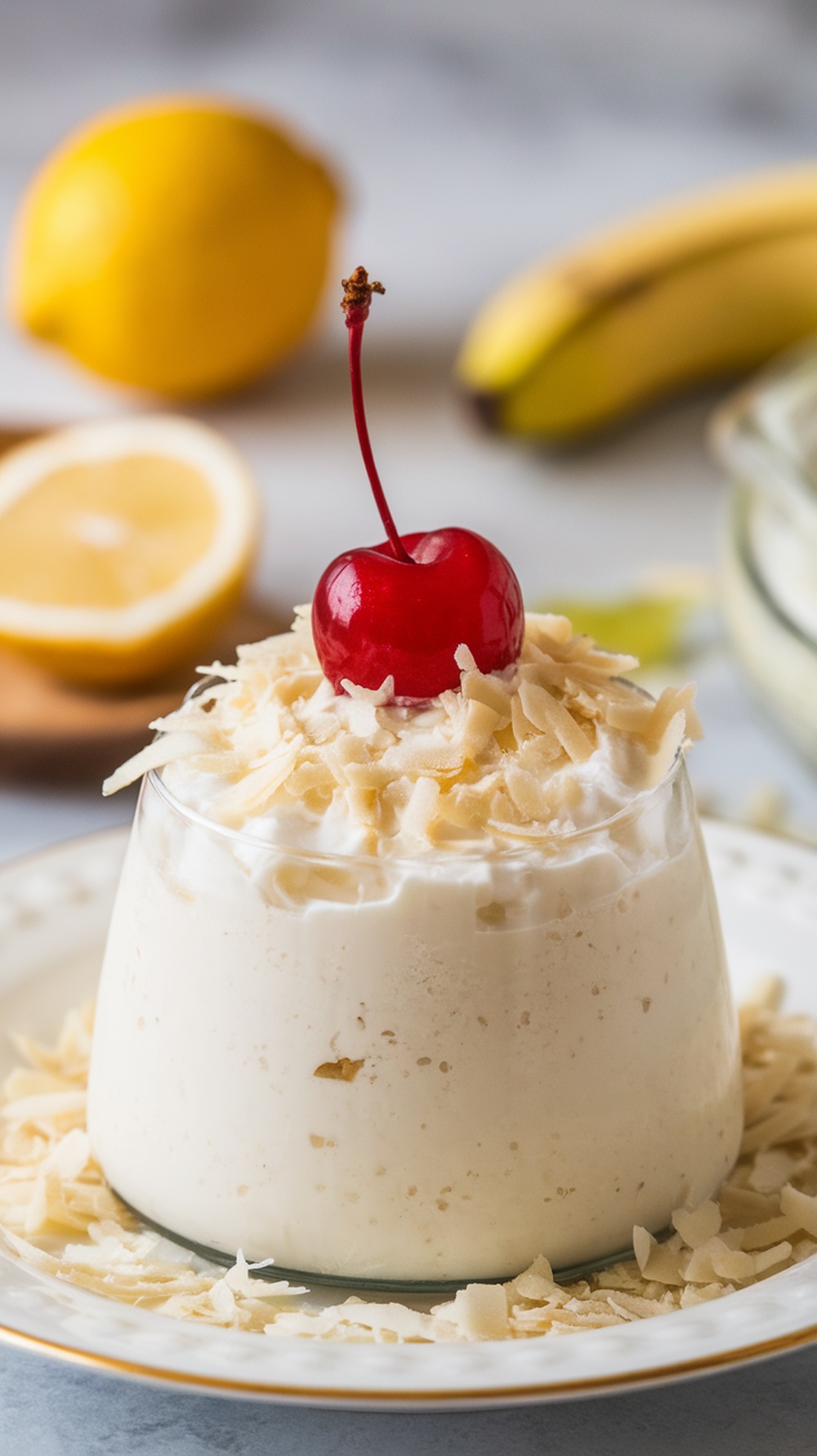 A delicious serving of coconut cottage cheese pudding topped with shredded coconut and a cherry.