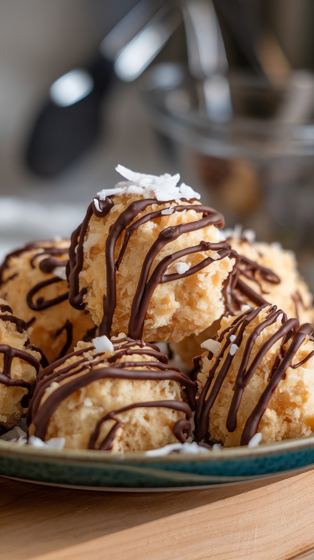 Coconut macaroons topped with chocolate drizzle