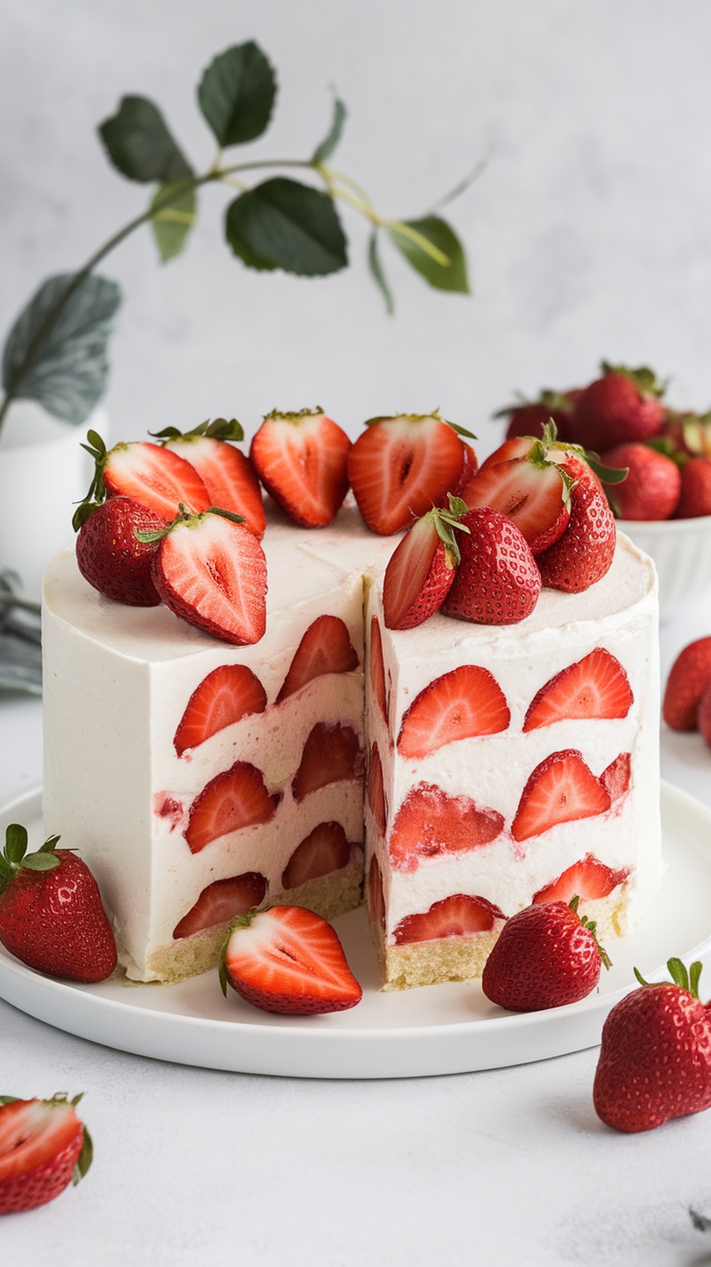 No-bake strawberry icebox cake with fresh strawberries on top.