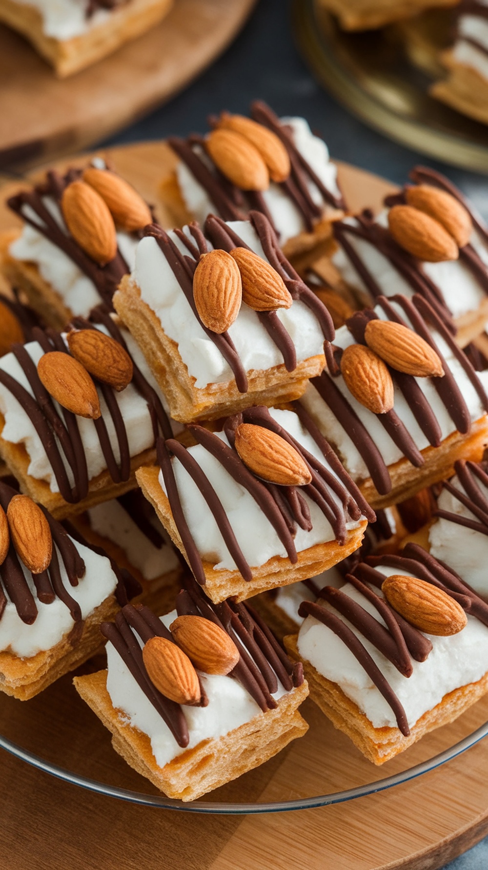 Cottage Cheese Almond Joy Bites on a platter, garnished with almonds and chocolate drizzle.