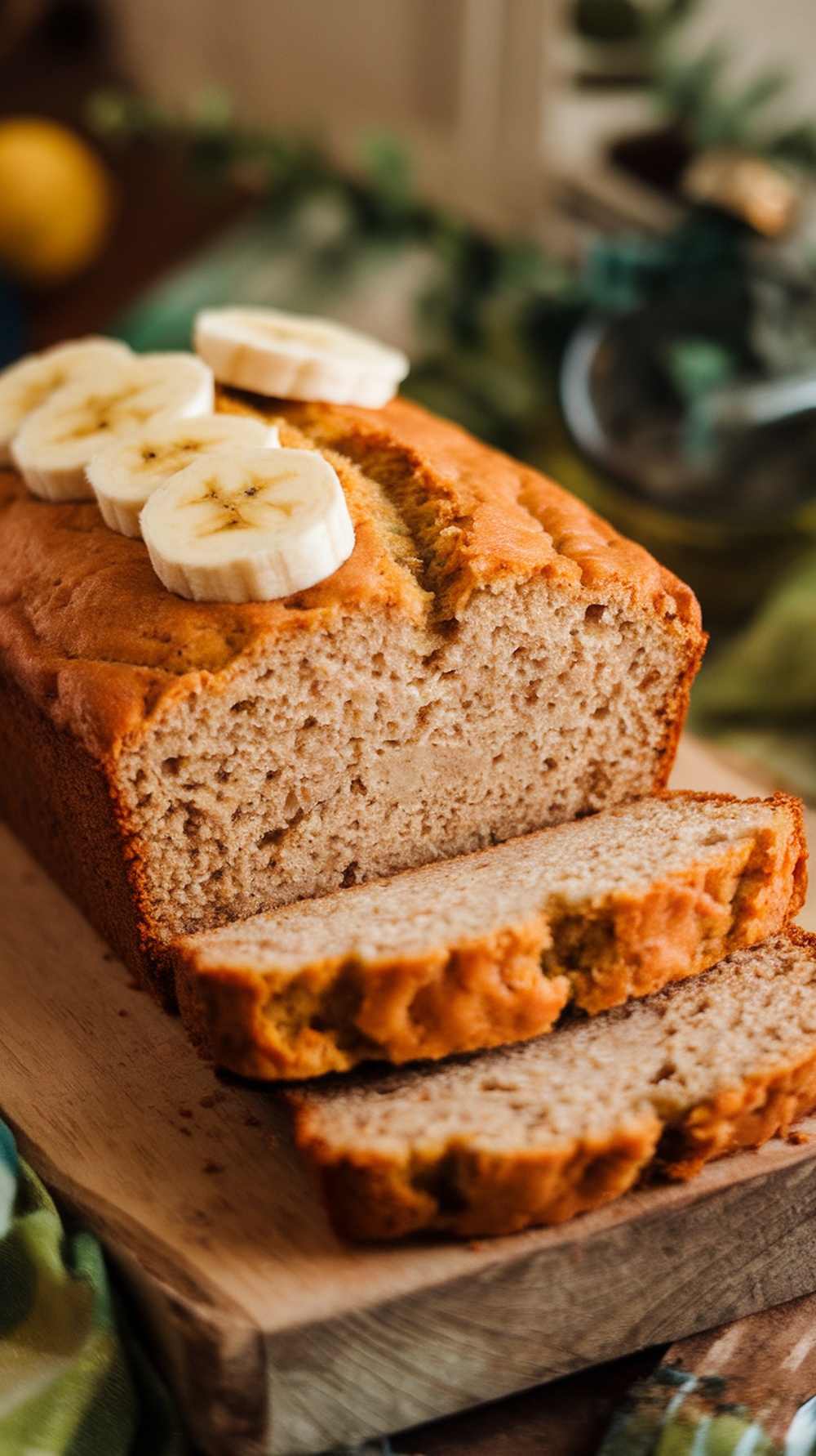 A loaf of banana bread sliced and topped with banana slices.