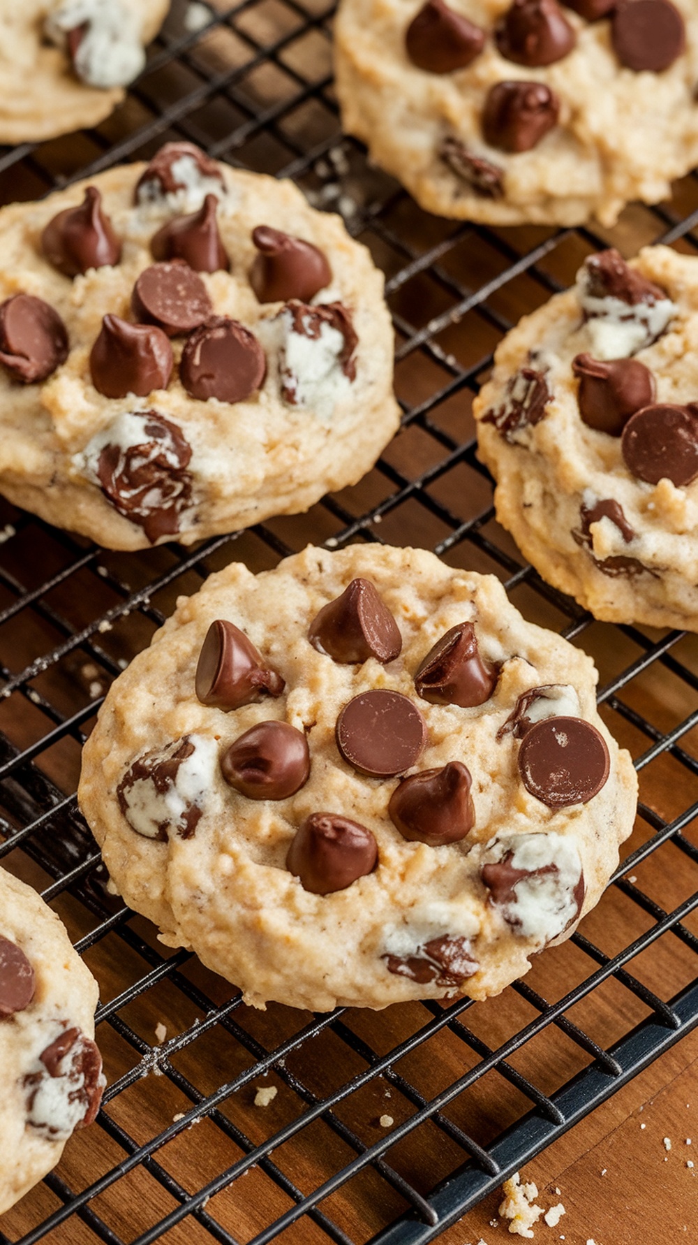 Delicious cottage cheese chocolate chip cookies on a cooling rack.