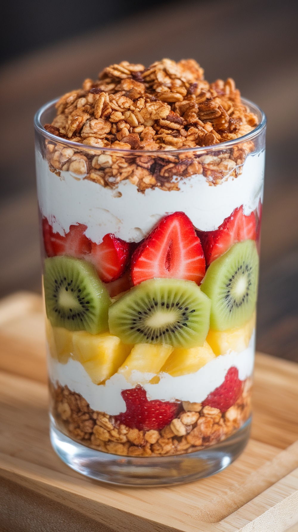 A colorful Cottage Cheese Fruit Salad Parfait layered with fruits and granola.