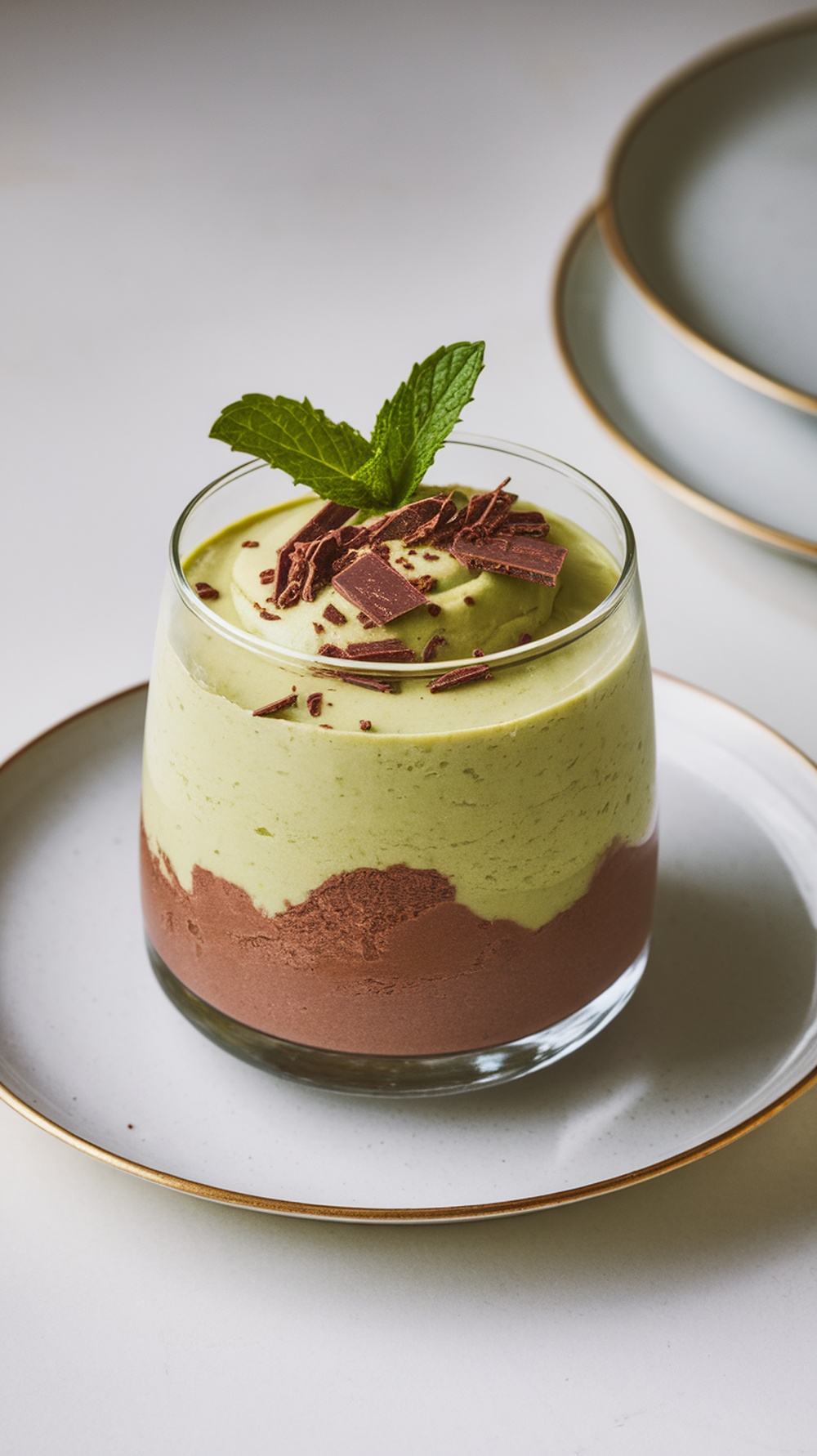 A glass of creamy avocado chocolate mousse topped with chocolate shavings and a mint leaf.