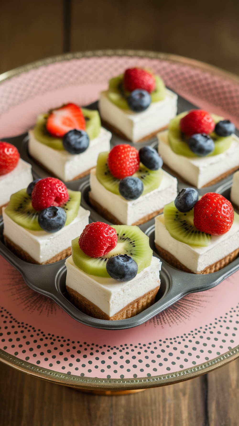 Delicious cheesecake bites topped with fresh fruit on a decorative plate.