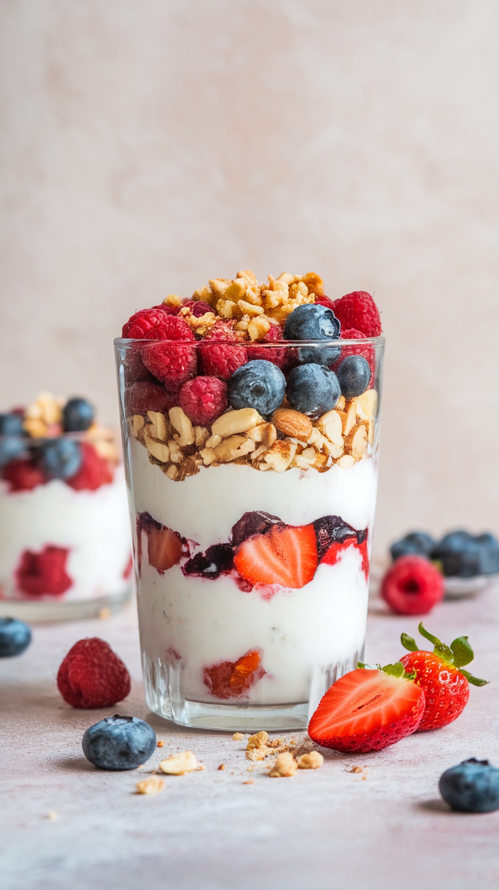A layered coconut yogurt parfait featuring berries and granola.