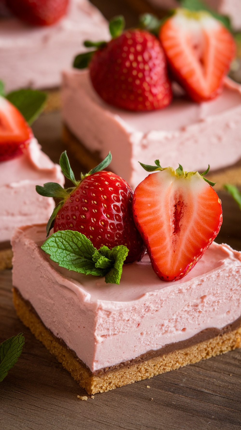 Creamy Strawberry Cheesecake Bars with fresh strawberries and mint garnish