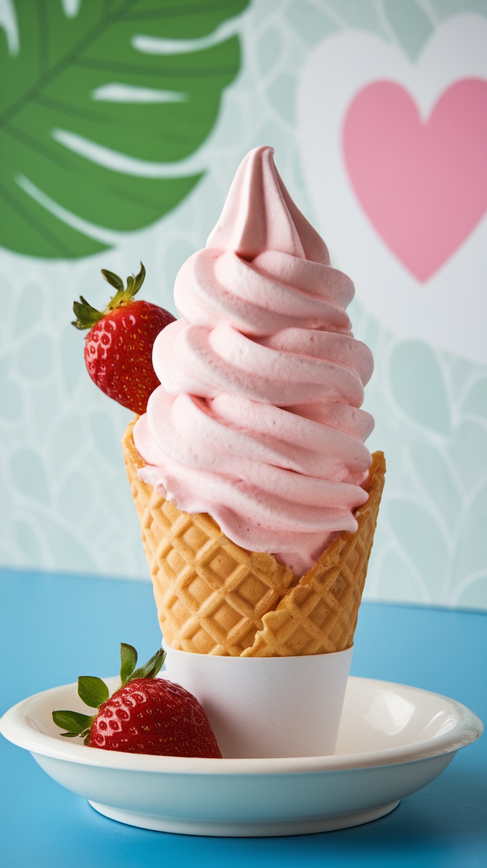 A delicious strawberry Dole Whip served in a waffle cone with fresh strawberries.