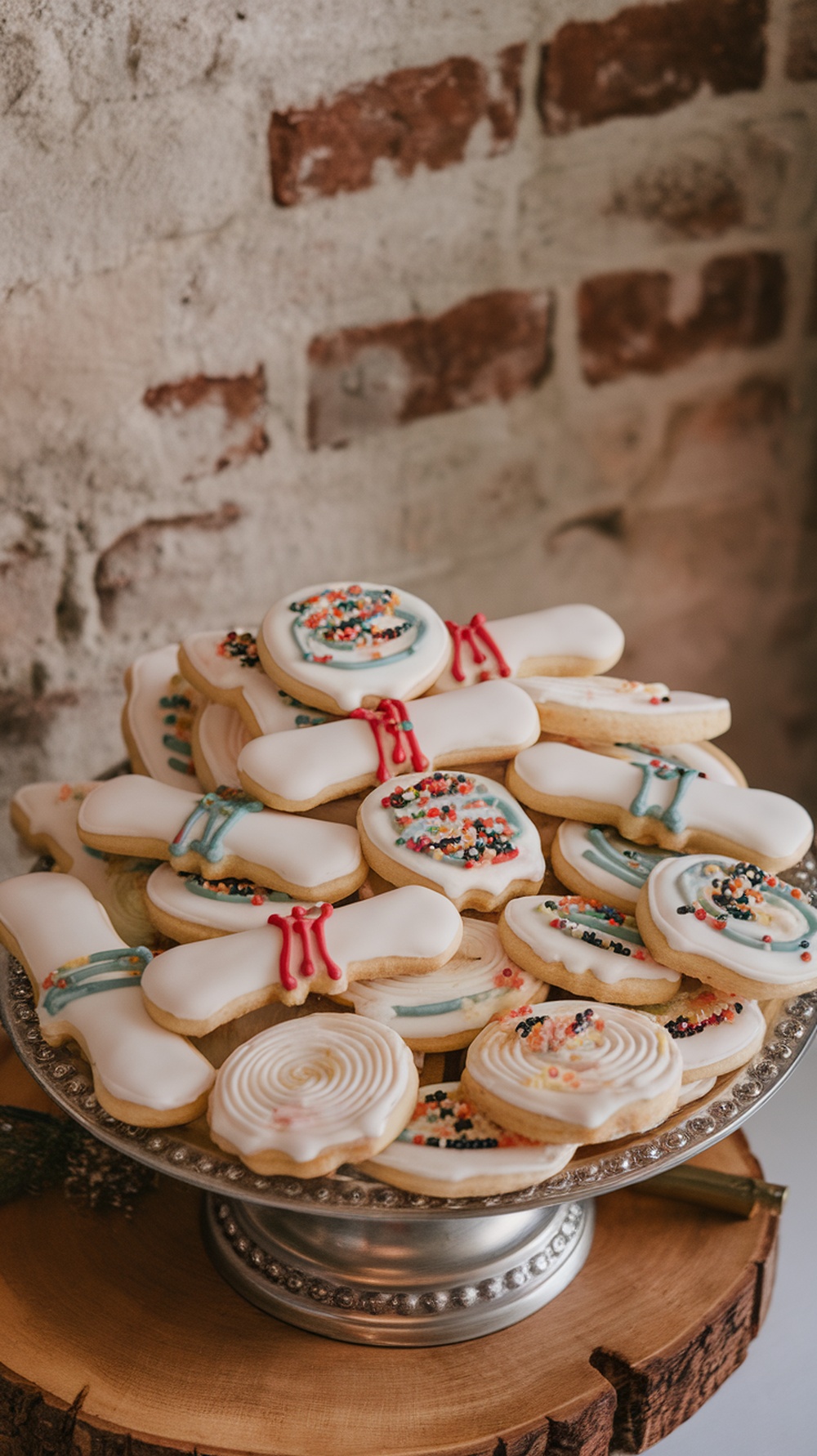 A decorative display of diploma-shaped sugar cookies with icing and sprinkles