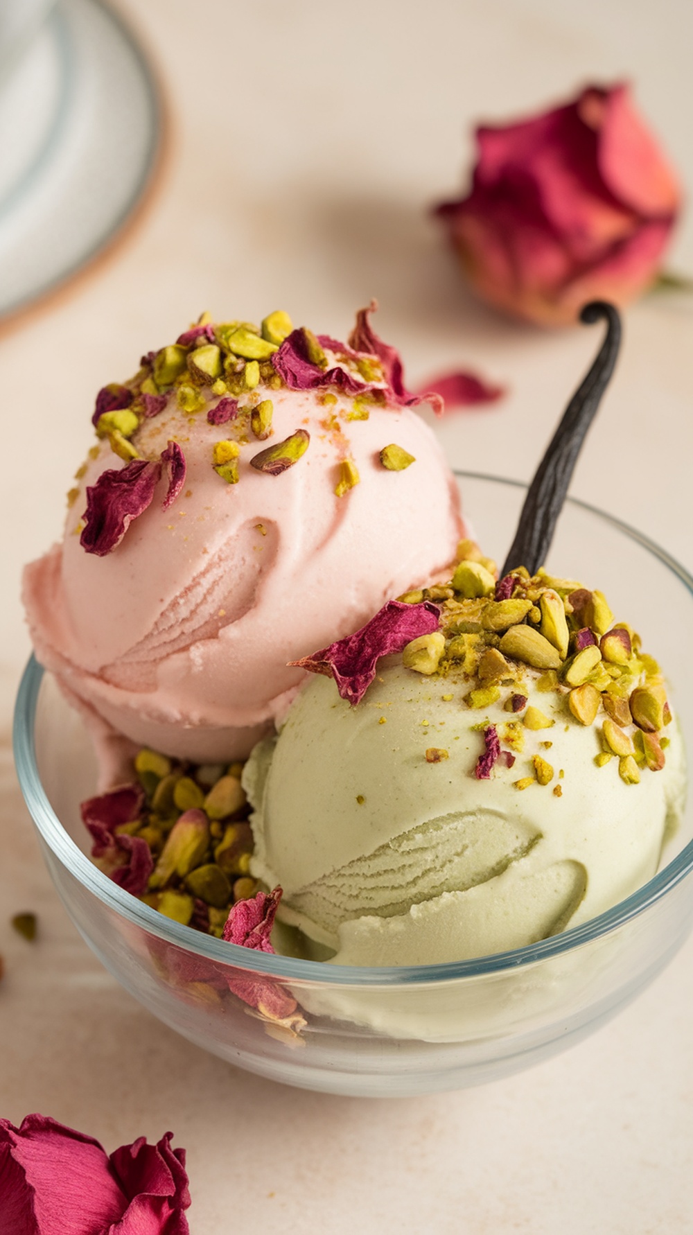 A bowl of pink and green no-churn ice cream with rose petals and pistachios