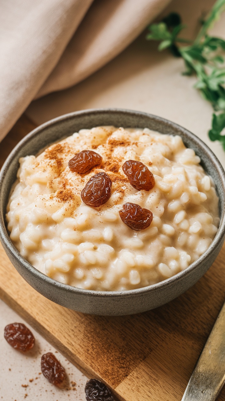 A bowl of dulce de leche rice pudding topped with raisins and a swirl of caramel.