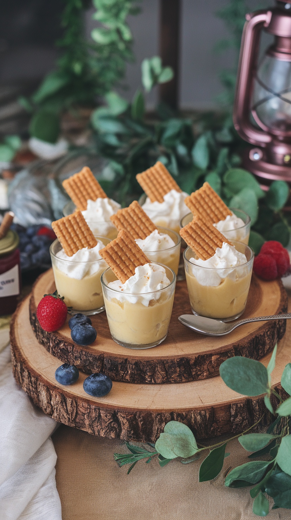 Delicious banana pudding cups with whipped cream and cookies on top, surrounded by greenery.