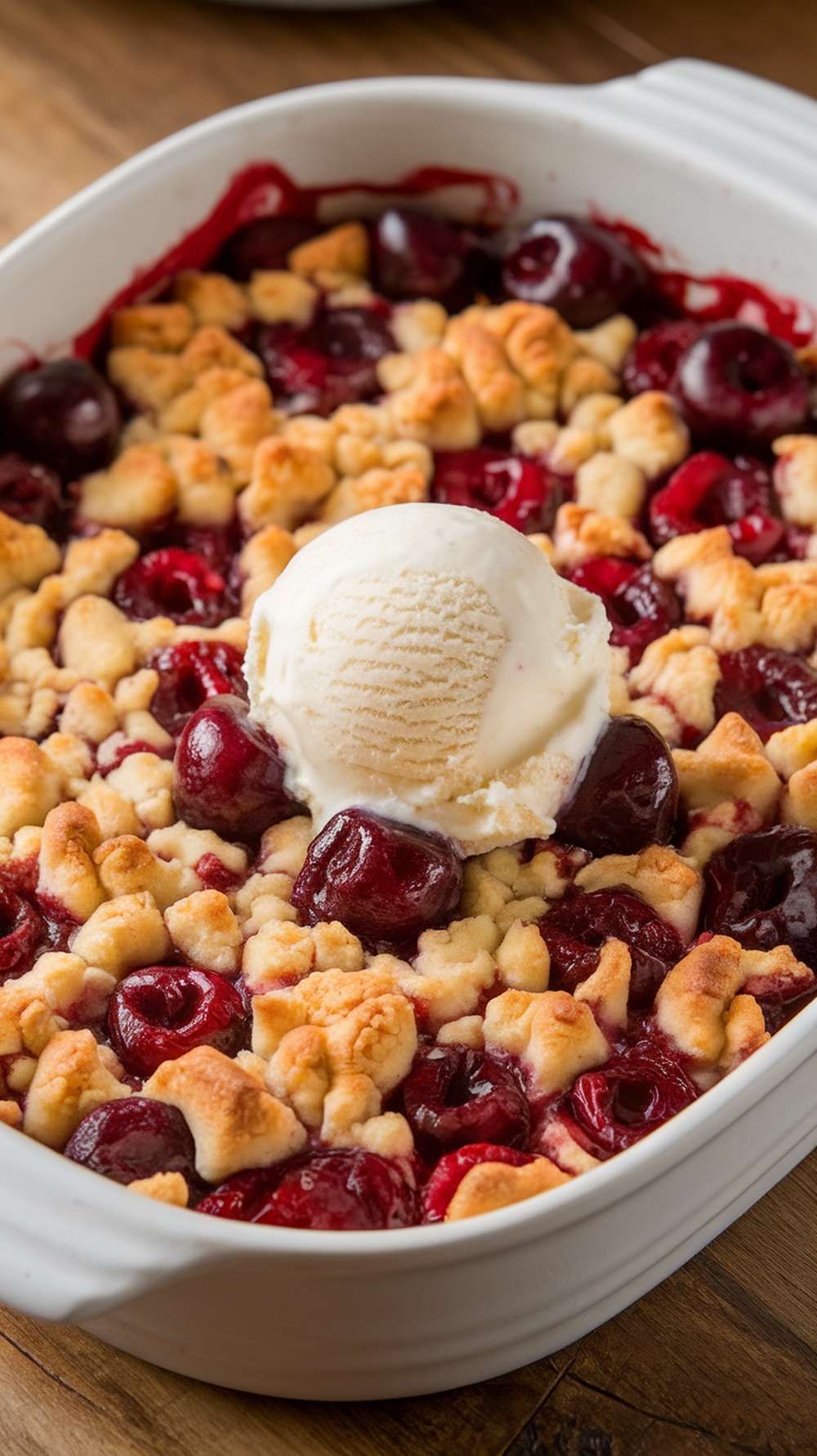 A close-up of a cherry crisp dessert topped with a scoop of vanilla ice cream.
