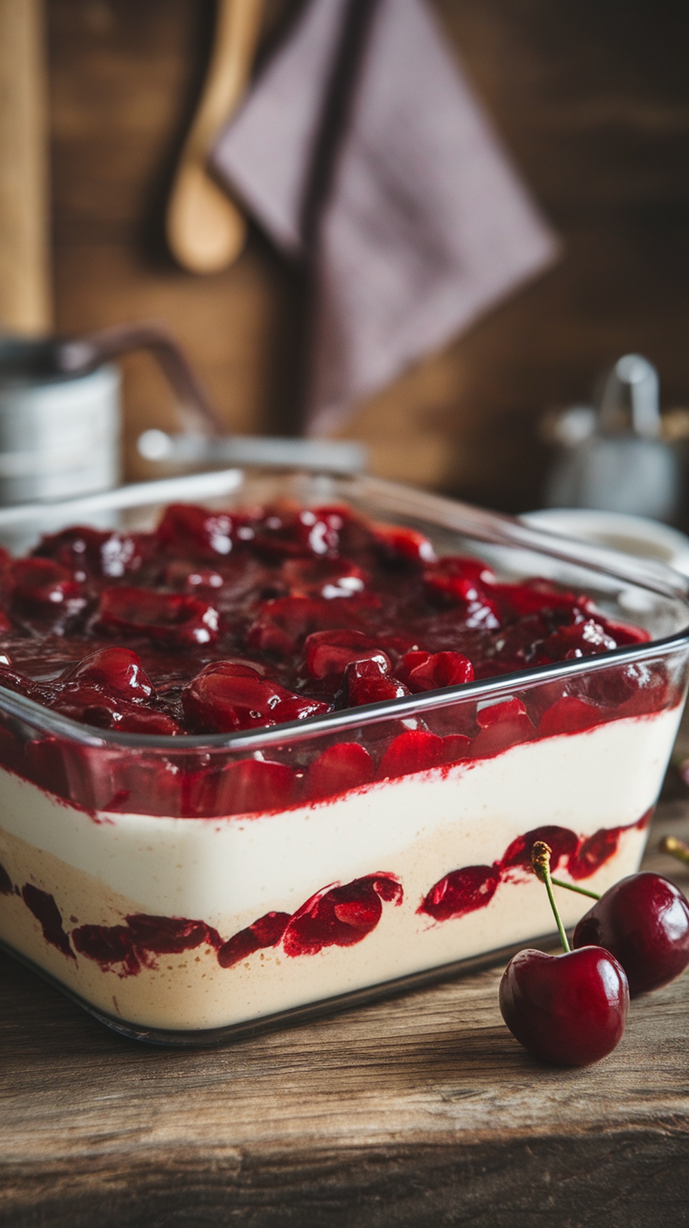 A delicious no-bake cherry dessert in a glass dish.
