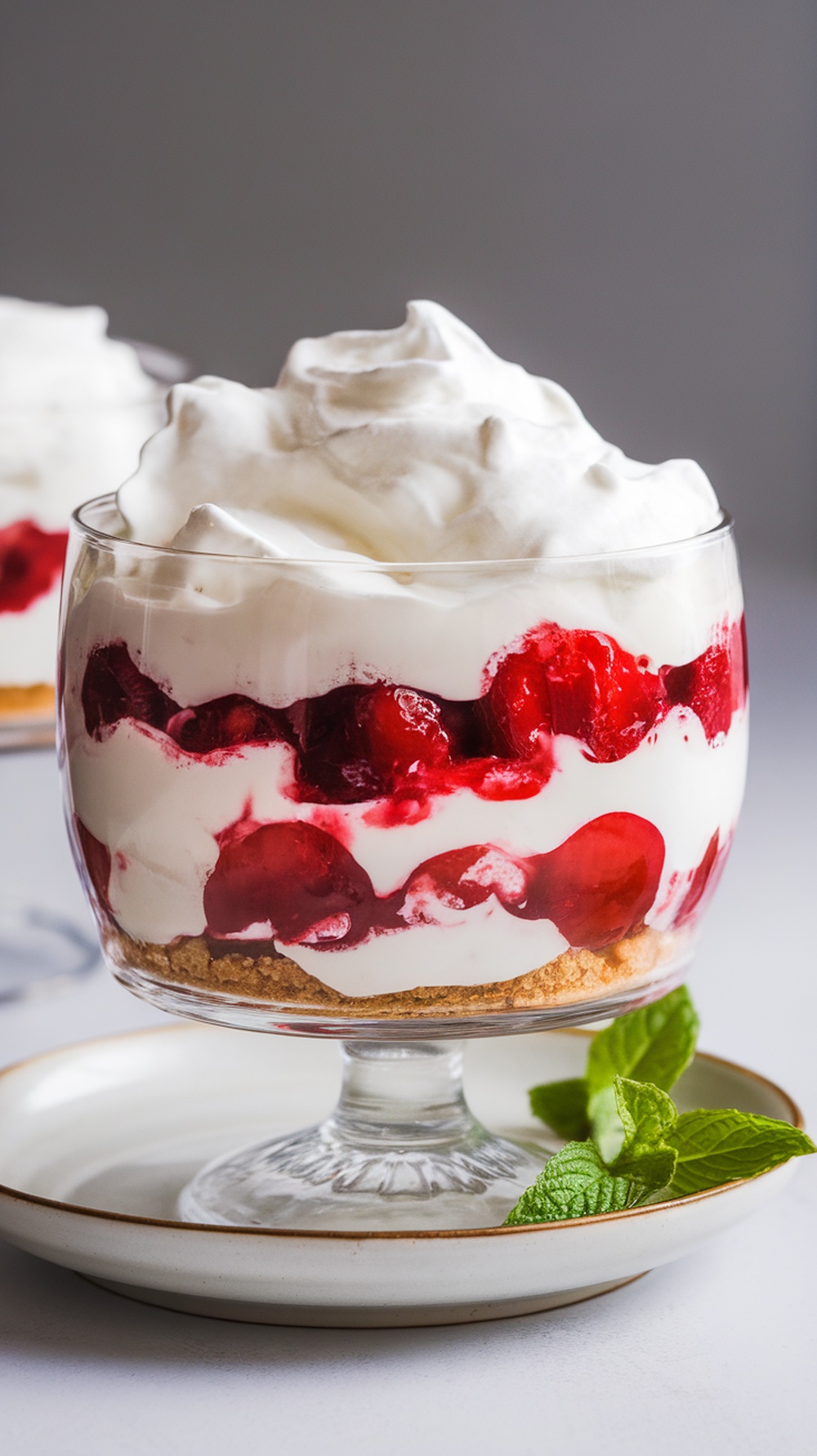A delicious no-bake cherry dessert layered with cream and graham crackers.