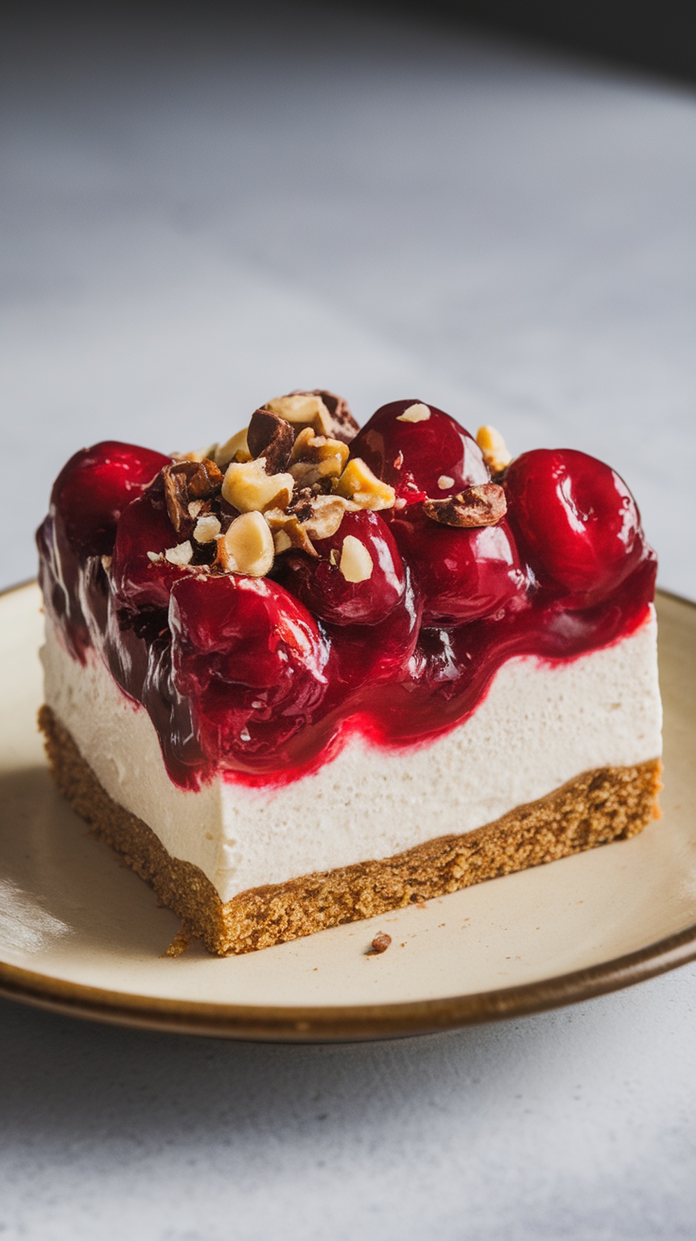 Slice of no bake cherry delight dessert on a plate