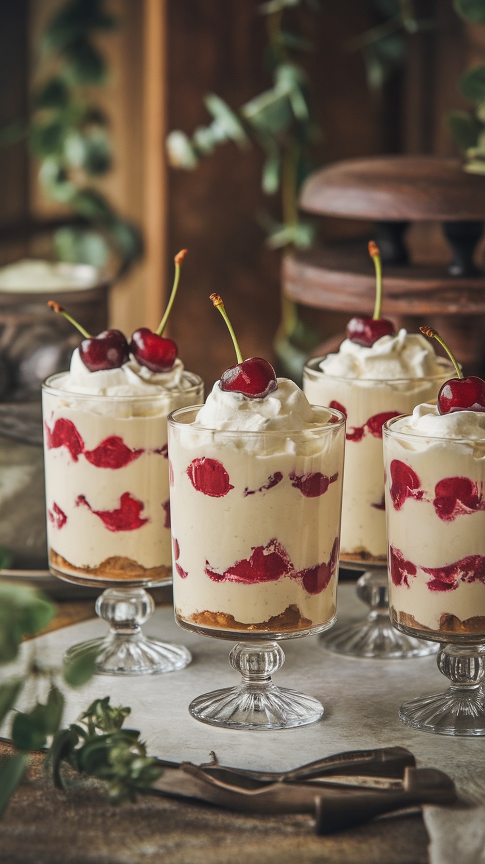 Delicious no bake Cherry Delight dessert in clear glasses with cherries on top