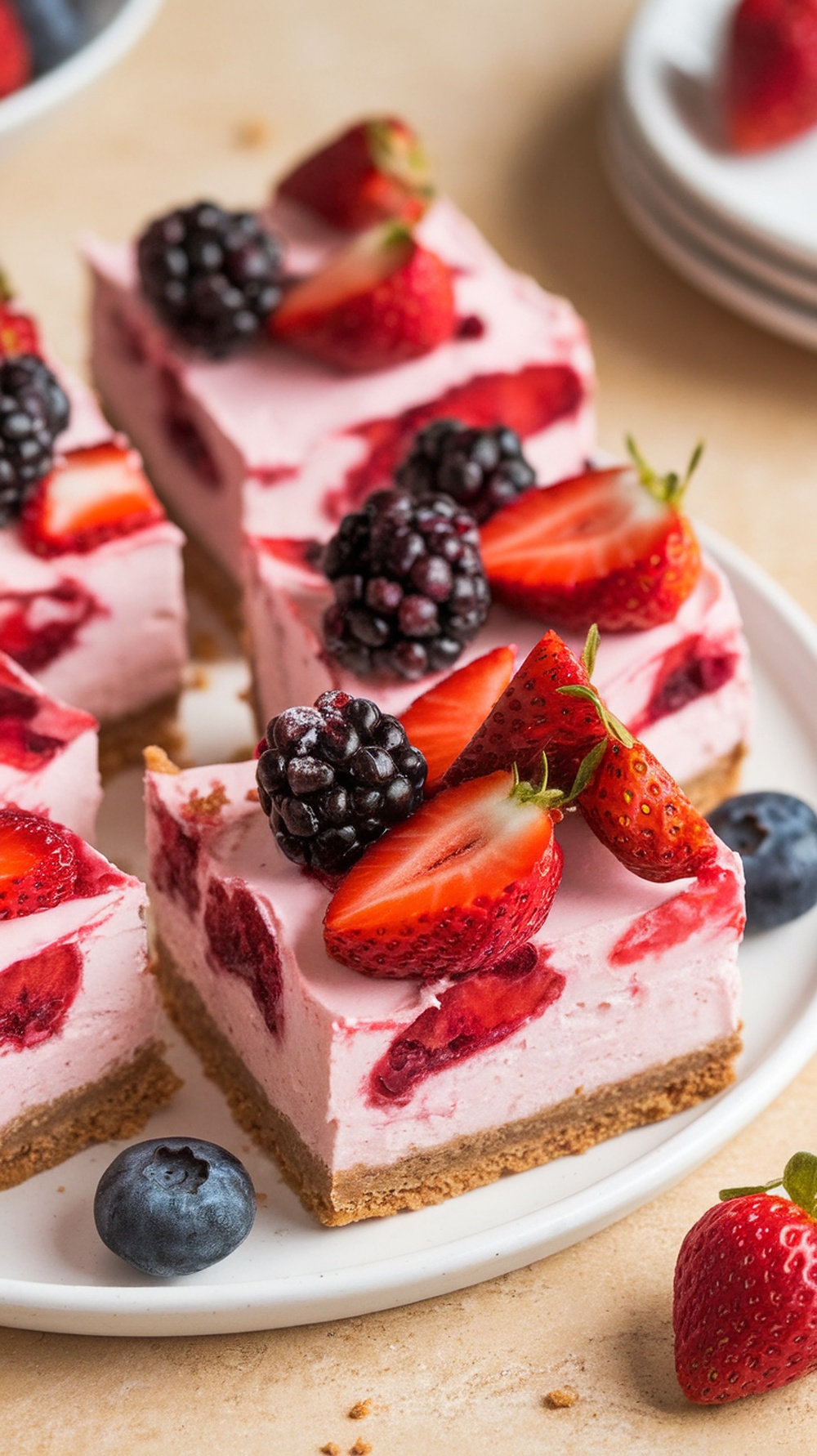 Delicious strawberry cheesecake bars topped with fresh berries.