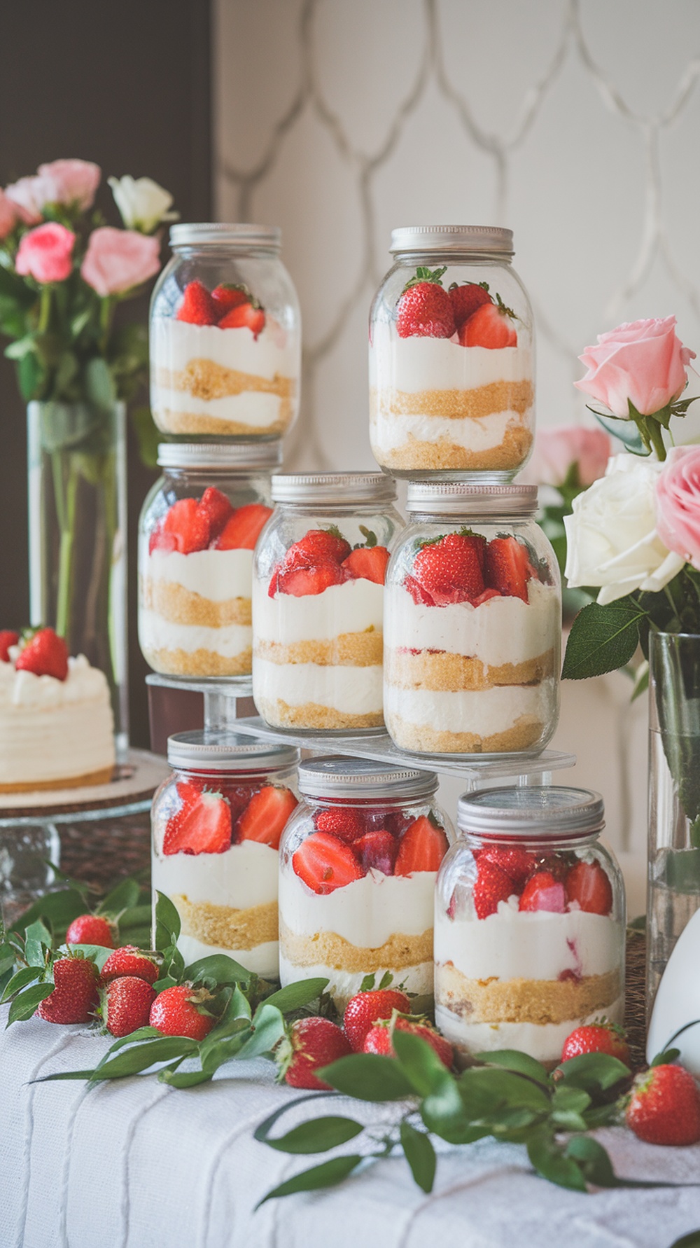 Strawberry shortcake trifles in jars with fresh strawberries and flowers