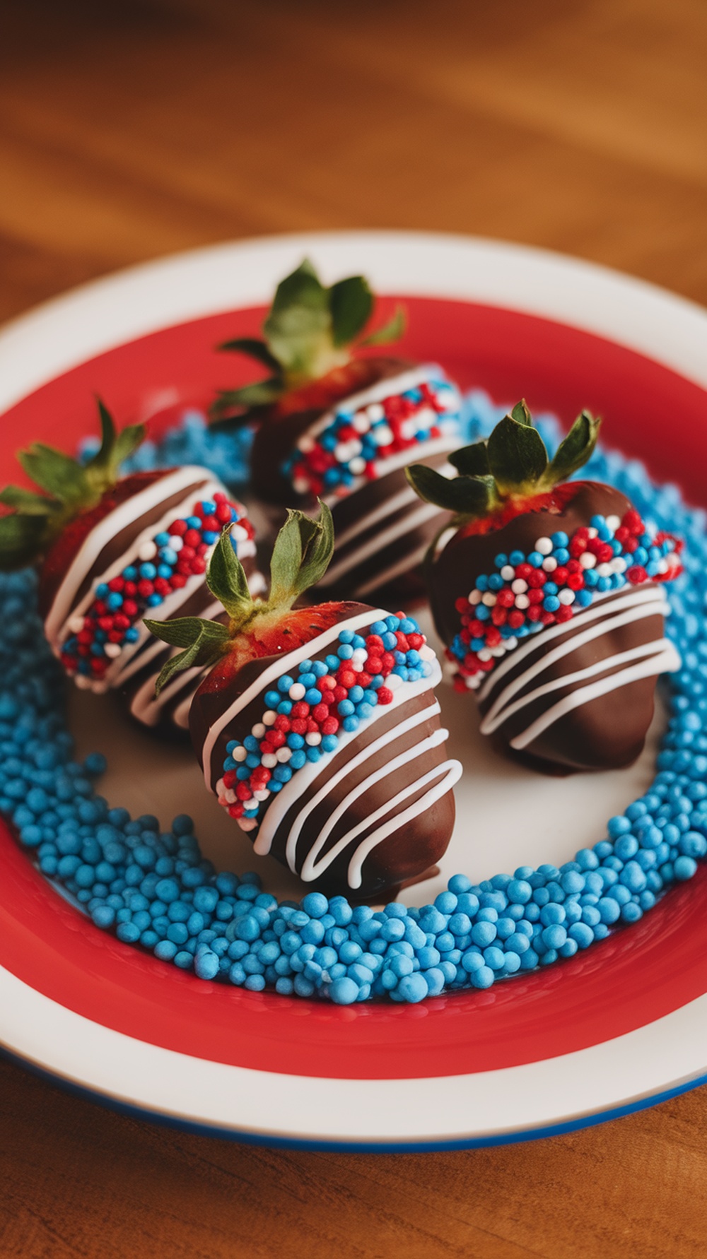 Chocolate-covered strawberries decorated with red, white, and blue sprinkles for a festive 4th of July treat.
