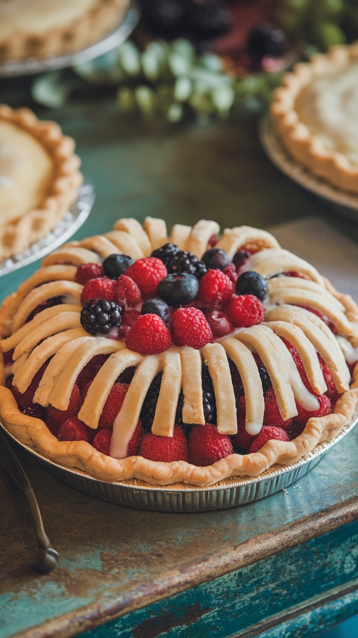 A colorful fireworks pie decorated with berries and star shapes.