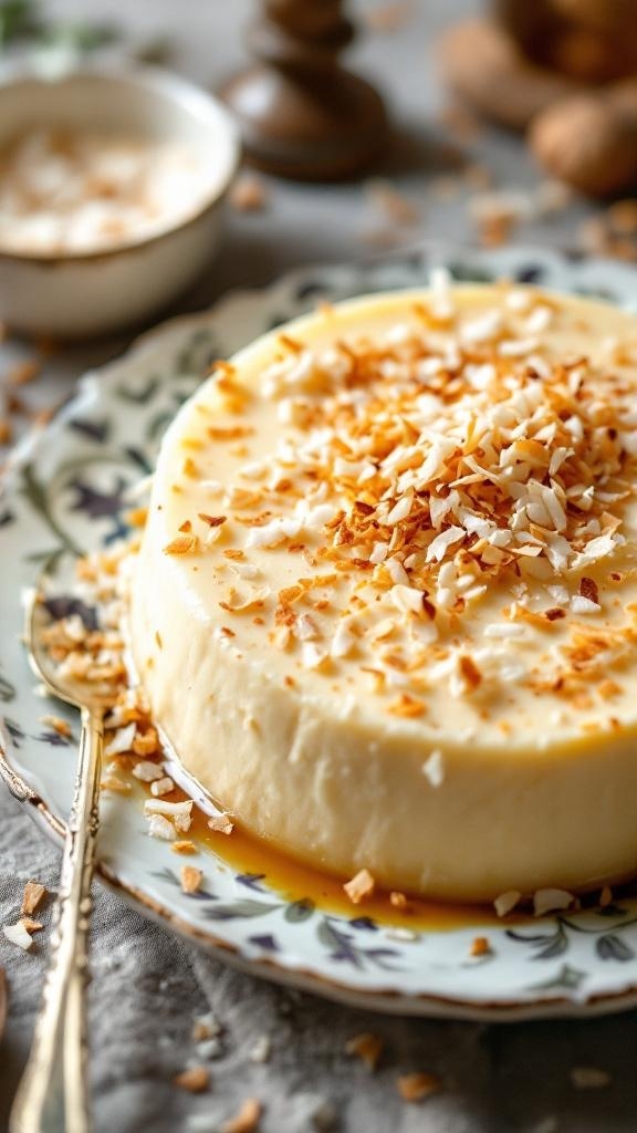 A creamy coconut flan topped with toasted coconut flakes.