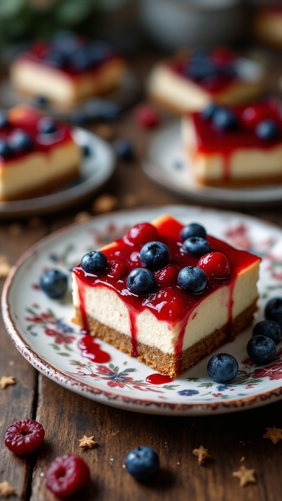 Delicious cheesecake bars topped with berries and sauce, perfect for a festive dessert.
