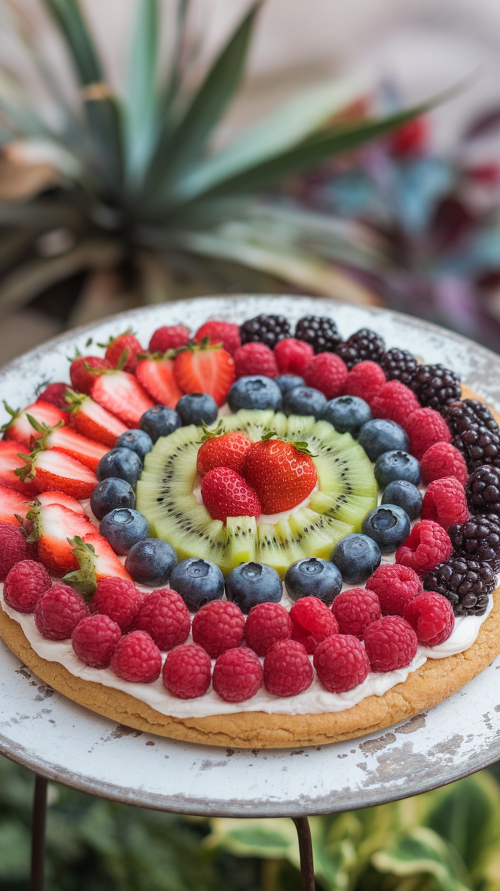 Colorful fresh fruit pizza with cream cheese frosting on a serving plate.