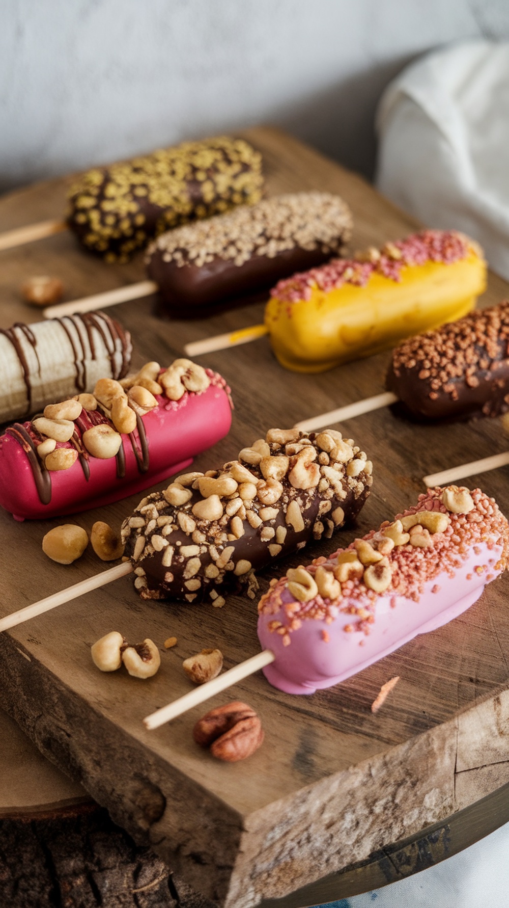 Colorful frozen banana pops with various toppings