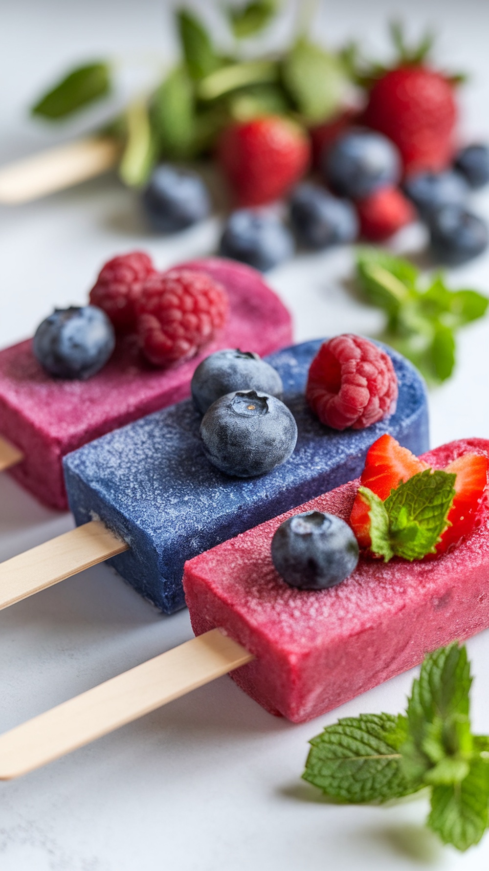 Colorful popsicles made from berries and coconut milk.