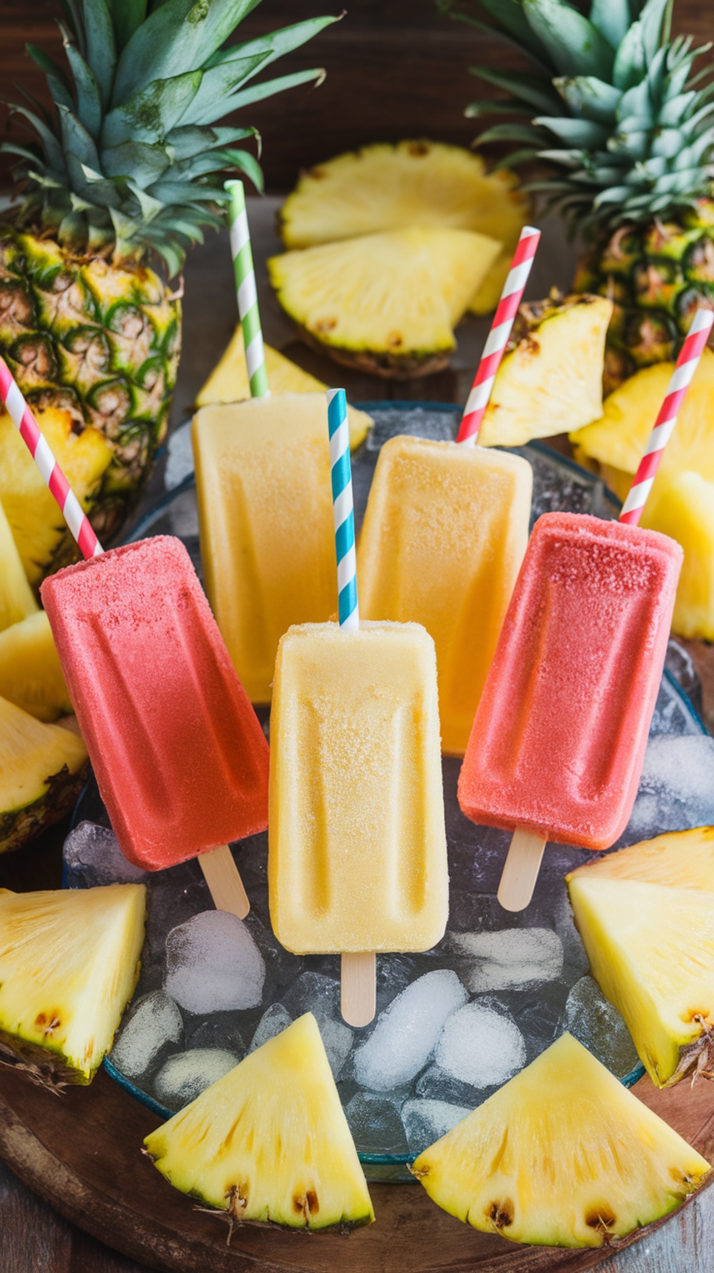 Frozen pineapple daiquiri pops on a plate with fresh pineapple slices