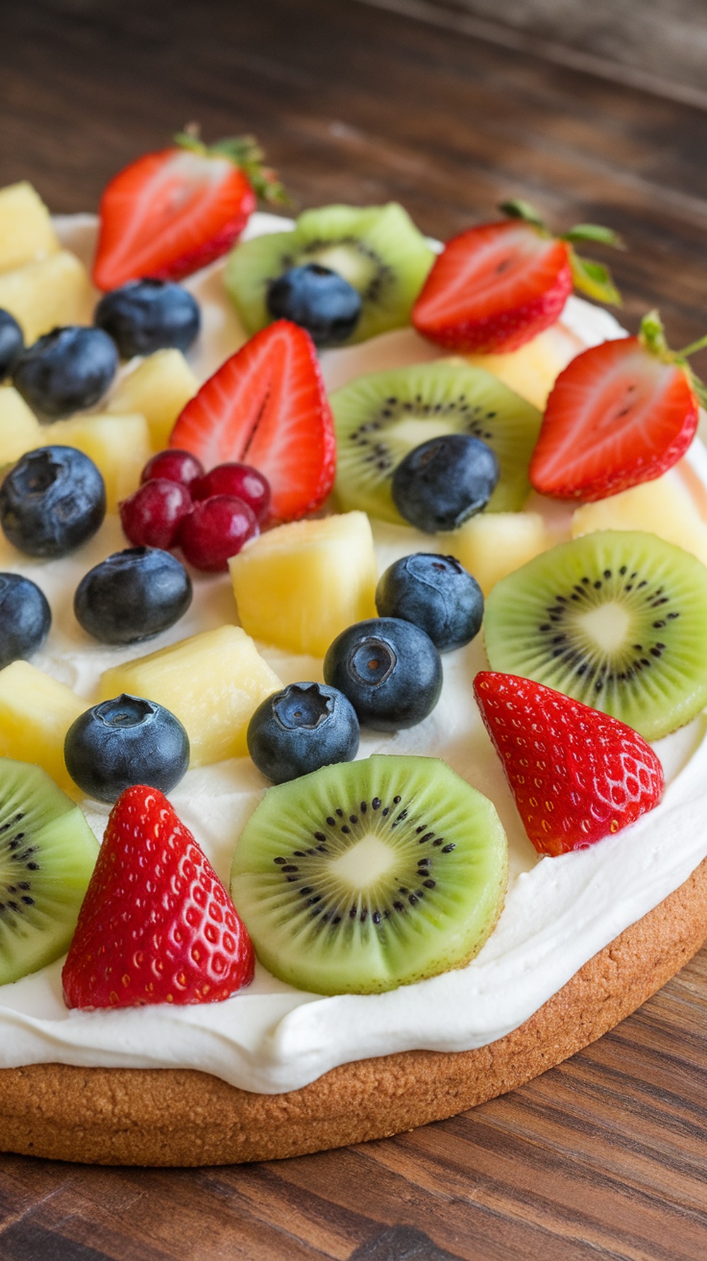 A colorful fruit pizza topped with assorted fresh fruits and cream cheese frosting.