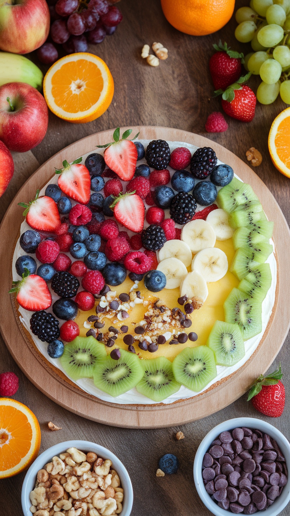 A vibrant fruit pizza topped with a variety of fresh fruits and cream cheese frosting.