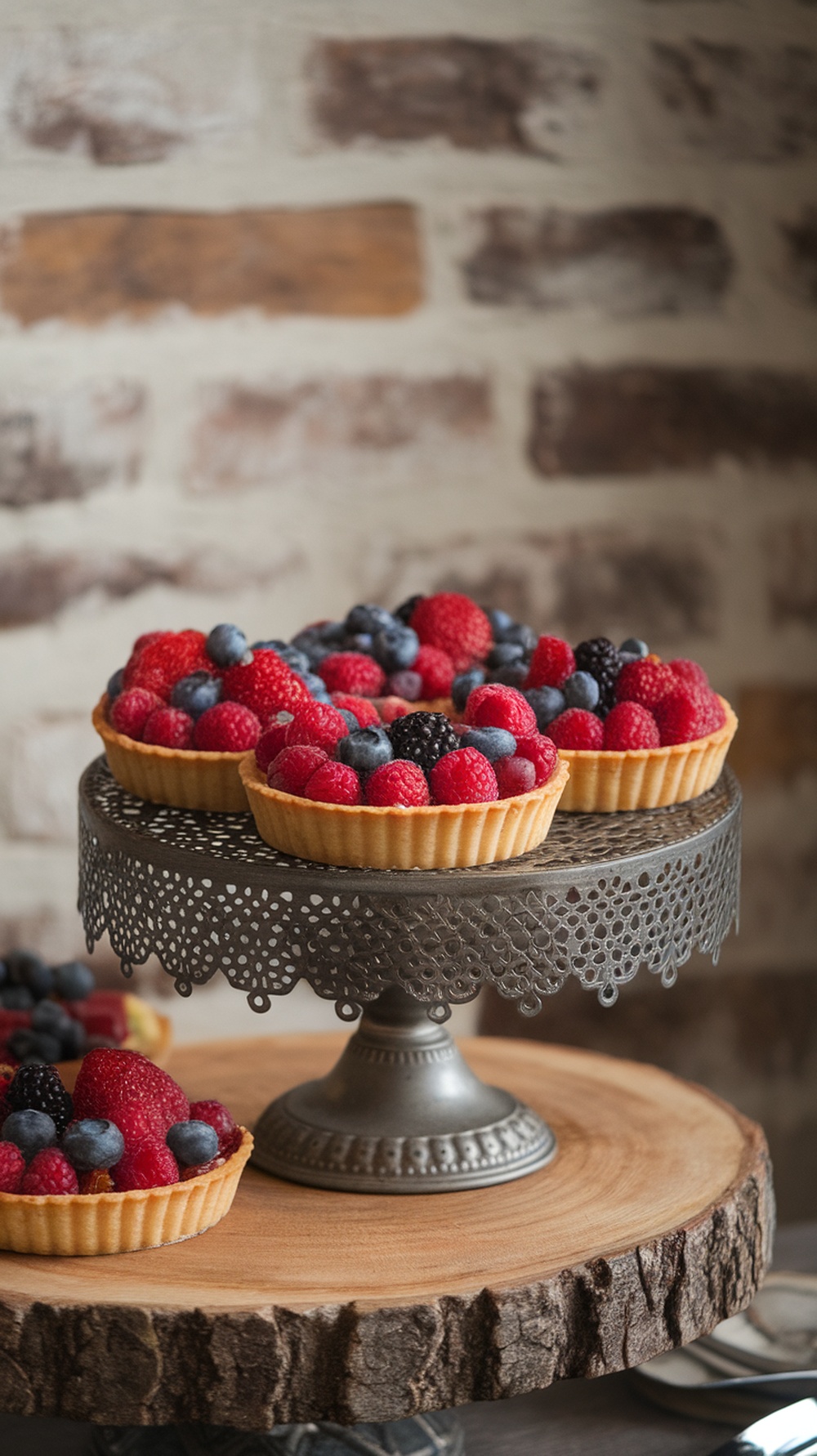 Fruit tarts decorated with fresh berries on a decorative stand.