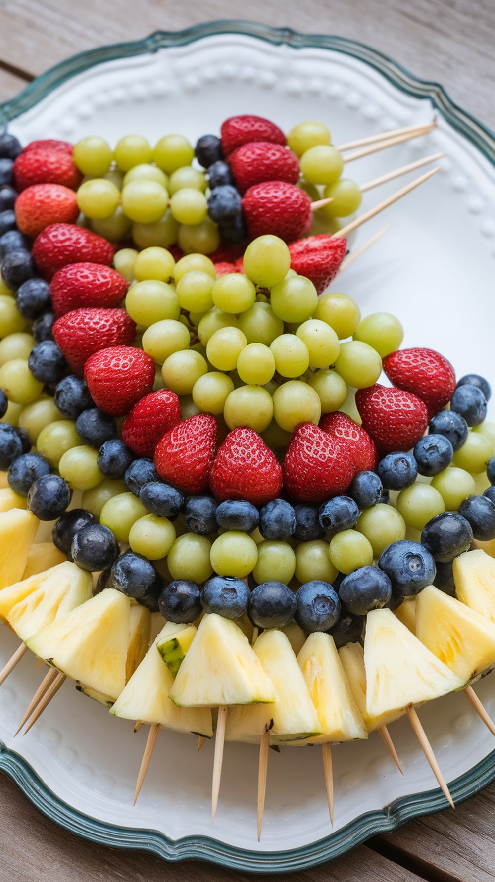 Colorful fruit skewers with strawberries, grapes, blueberries, and pineapple.