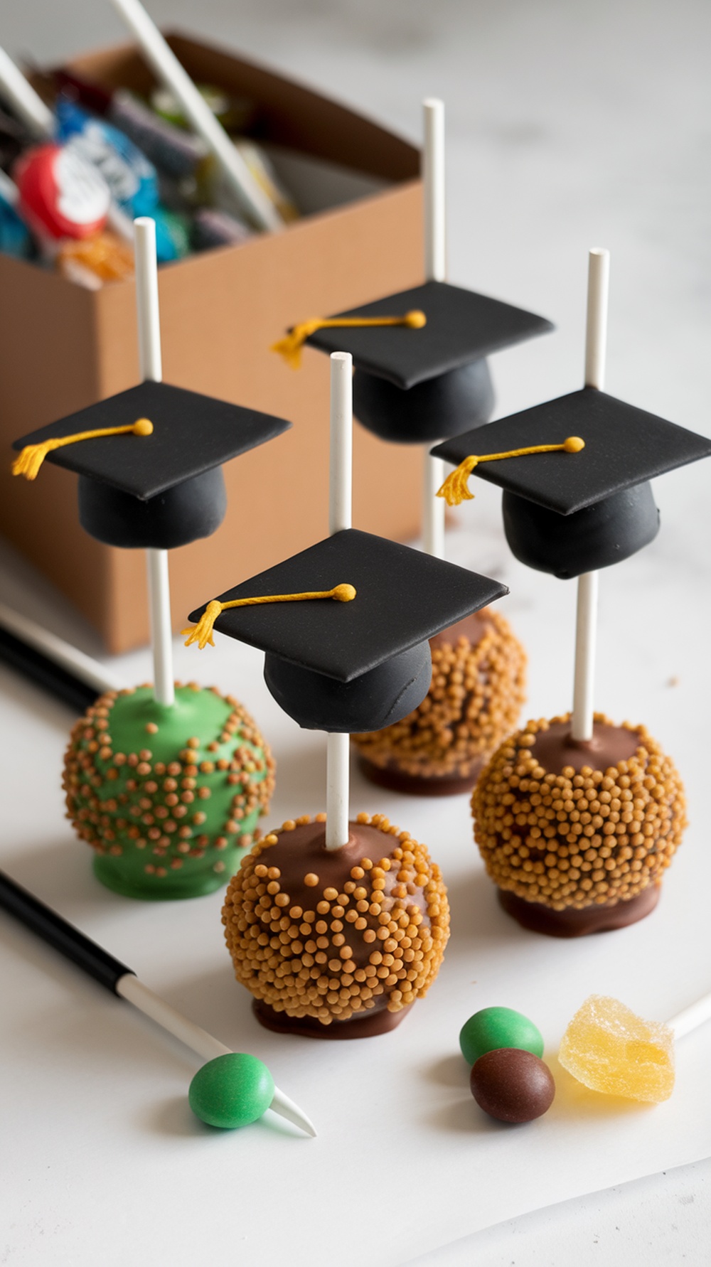 Graduation themed cake pops decorated with caps and tassels.