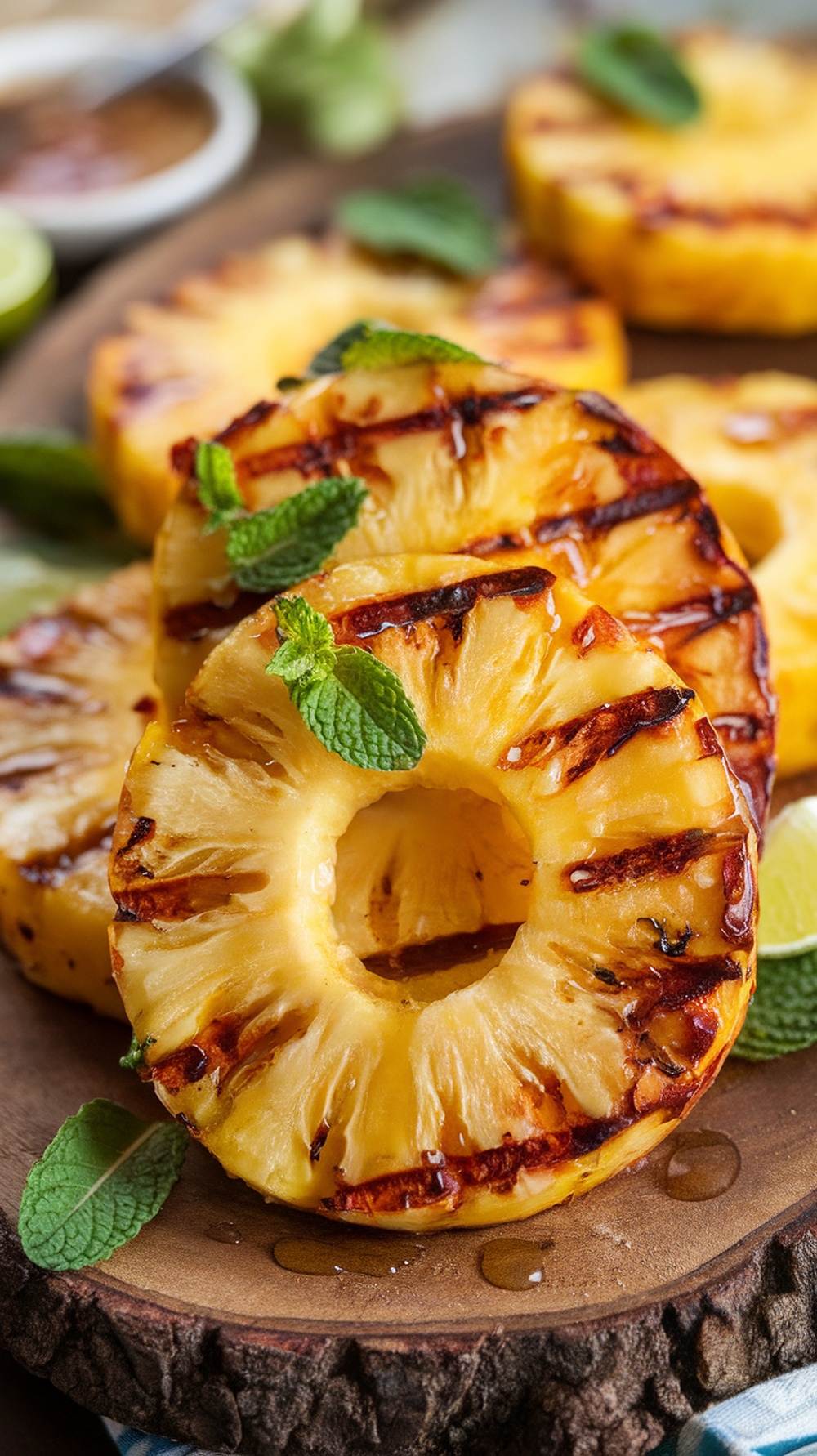 Grilled pineapple slices garnished with mint leaves on a wooden platter.