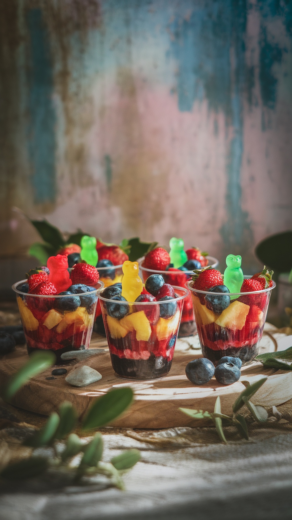 Colorful fruit cups with gummy bears on top.