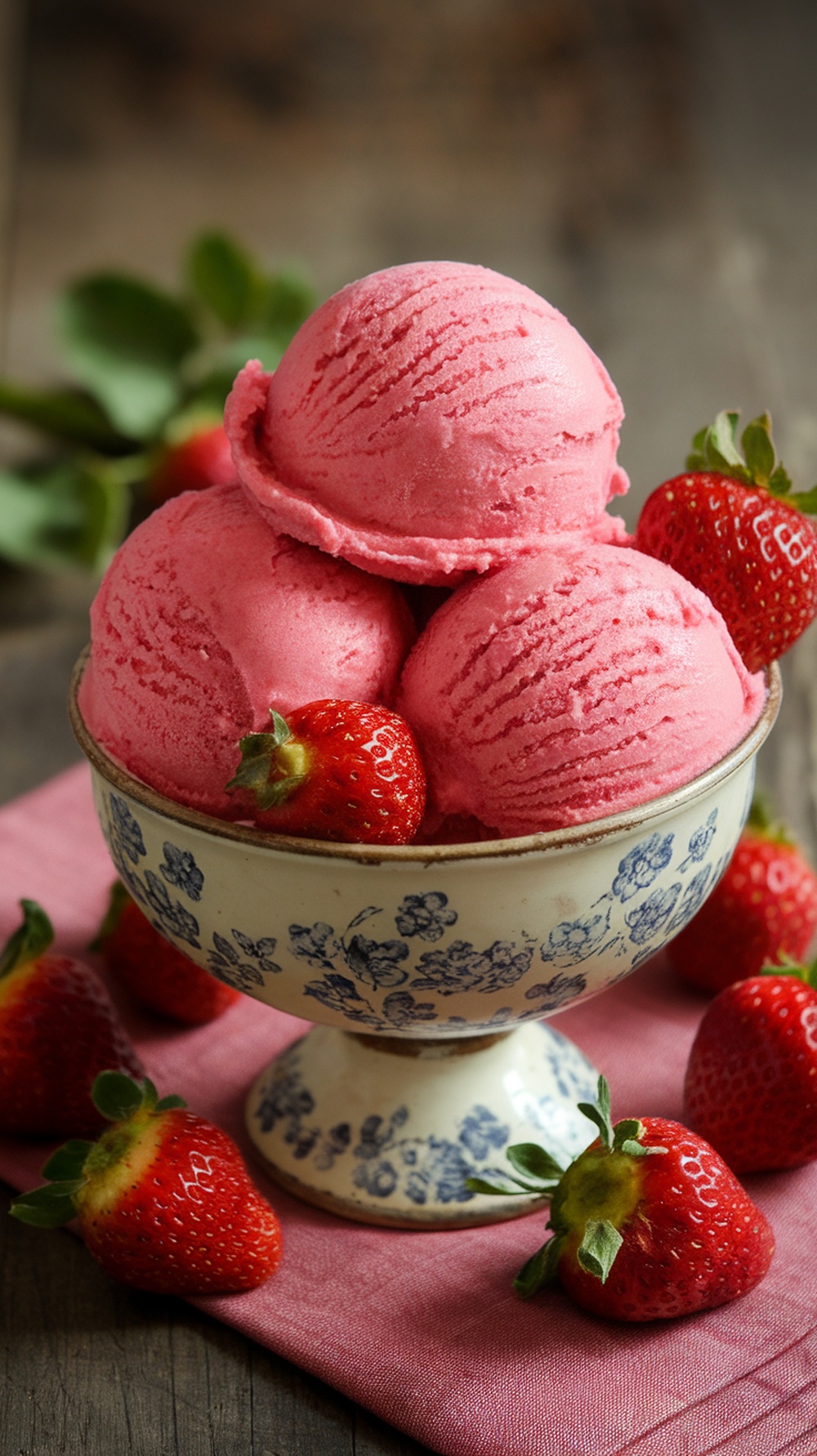 A bowl of strawberry sorbet with fresh strawberries on a pink napkin