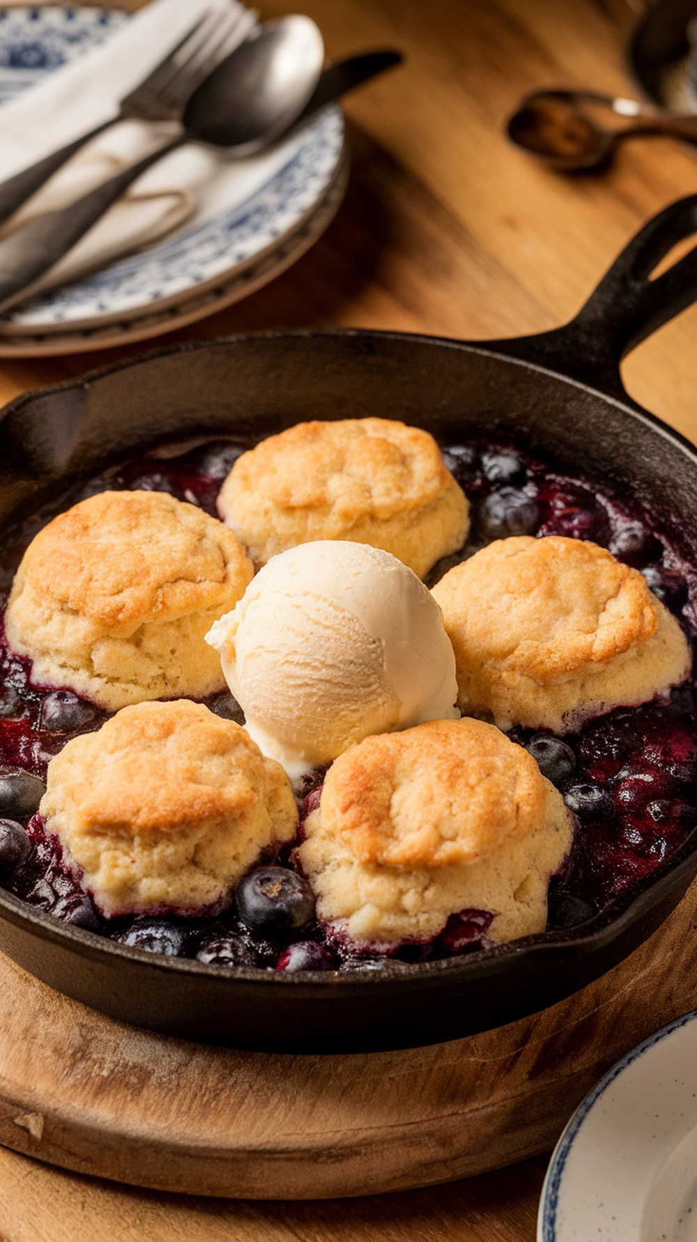 Delicious blueberry cobbler topped with ice cream in a cast iron skillet.