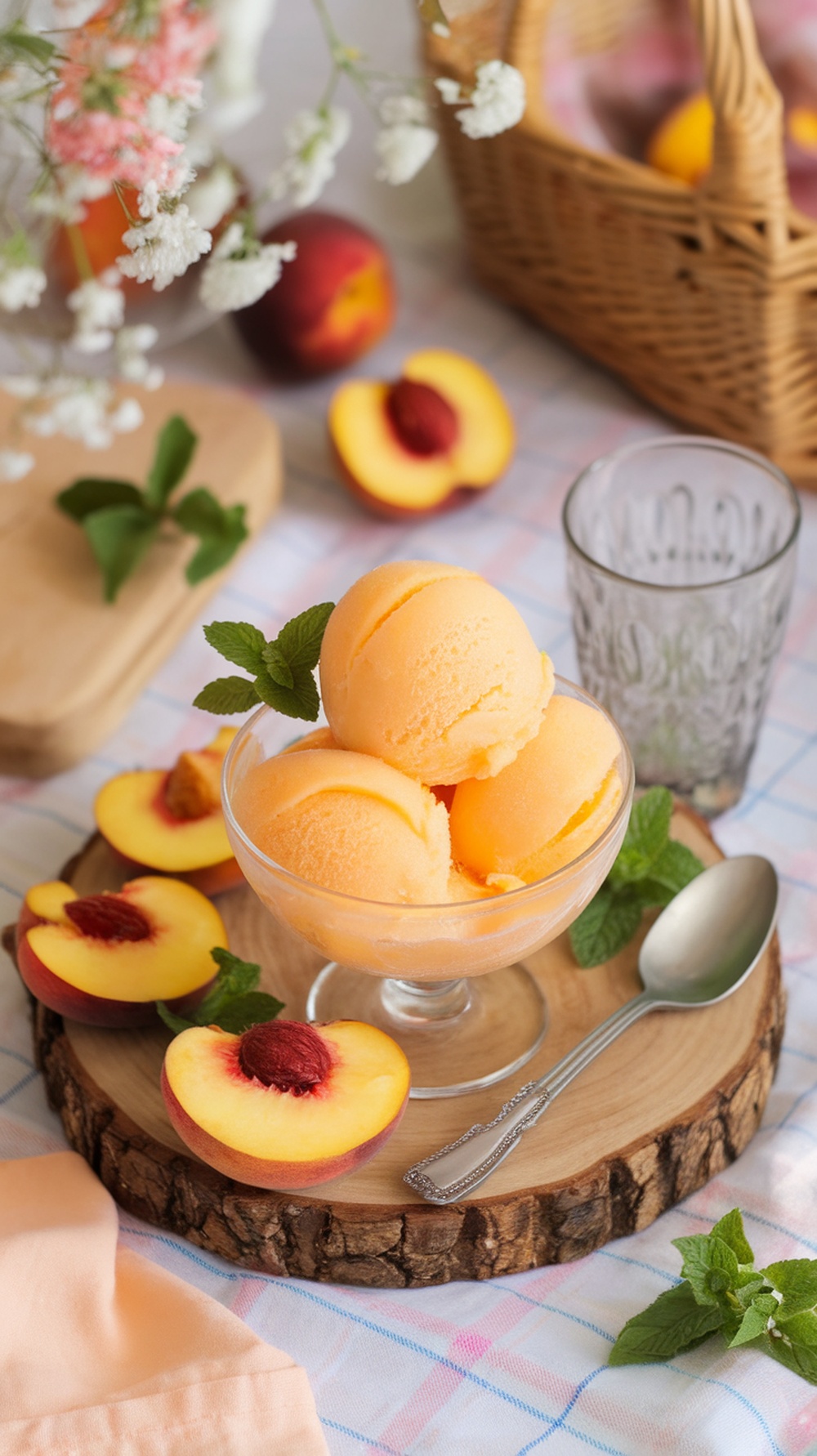 A bowl of peach sorbet with fresh peach slices and mint leaves