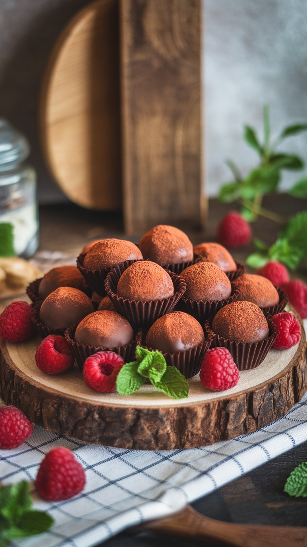 Keto Raspberry Chocolate Truffles arranged on a wooden plate with fresh raspberries and mint leaves.