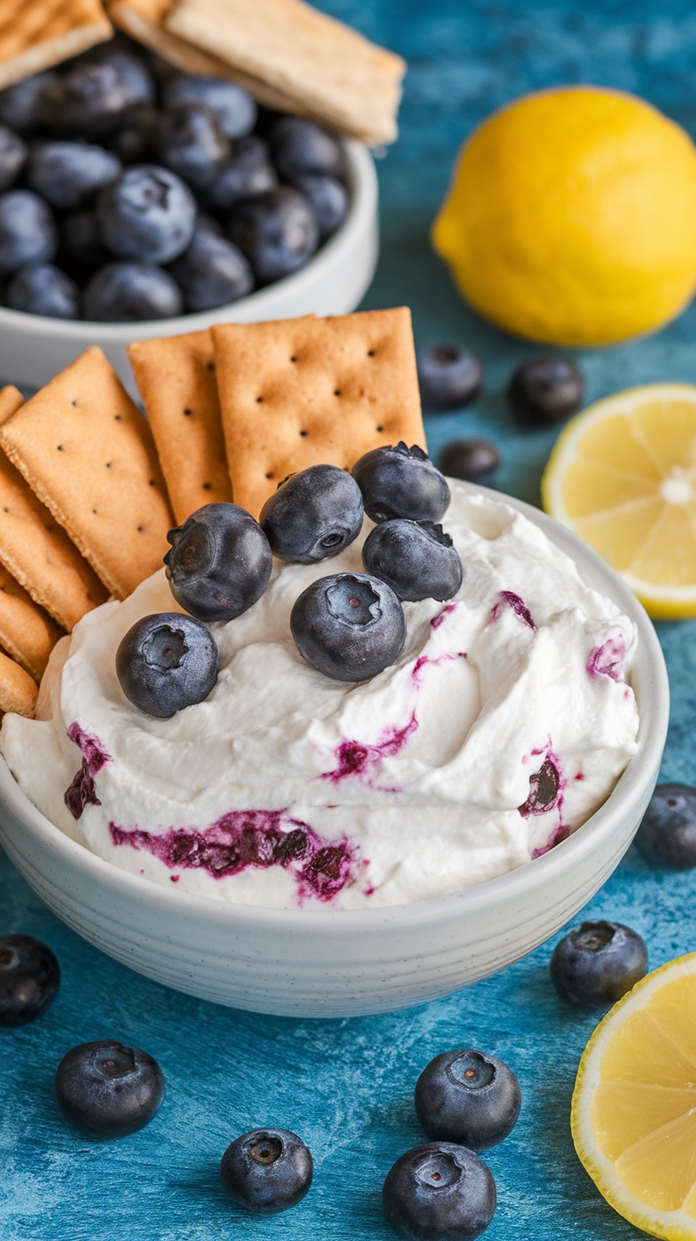 A bowl of lemon blueberry cheesecake dip with blueberries and graham crackers around it.