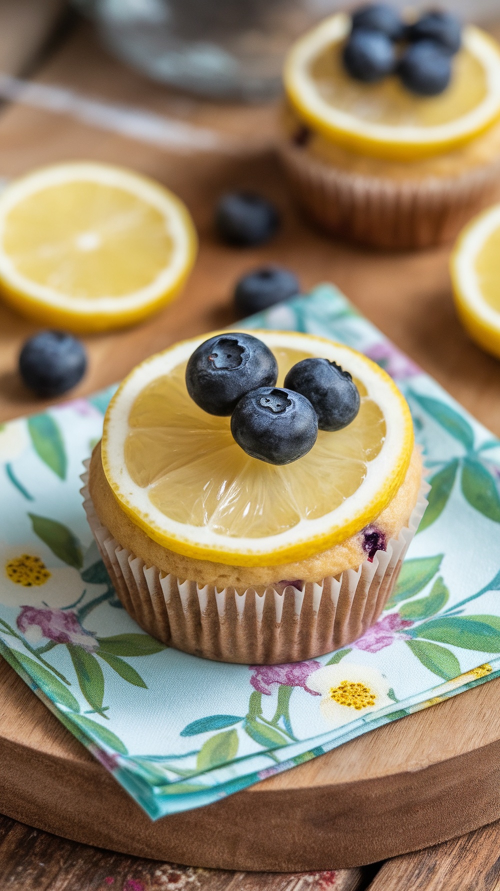 Delicious lemon blueberry keto muffins topped with lemon slices and blueberries.