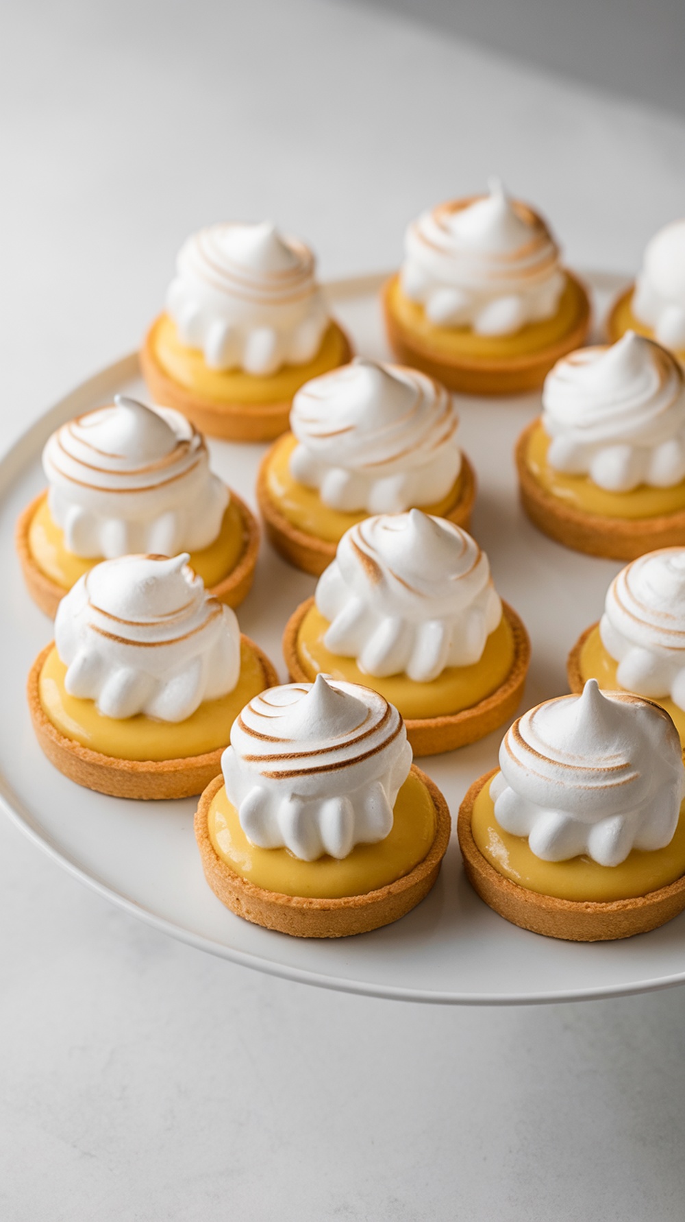 A plate of lemon meringue tartlets topped with fluffy meringue.