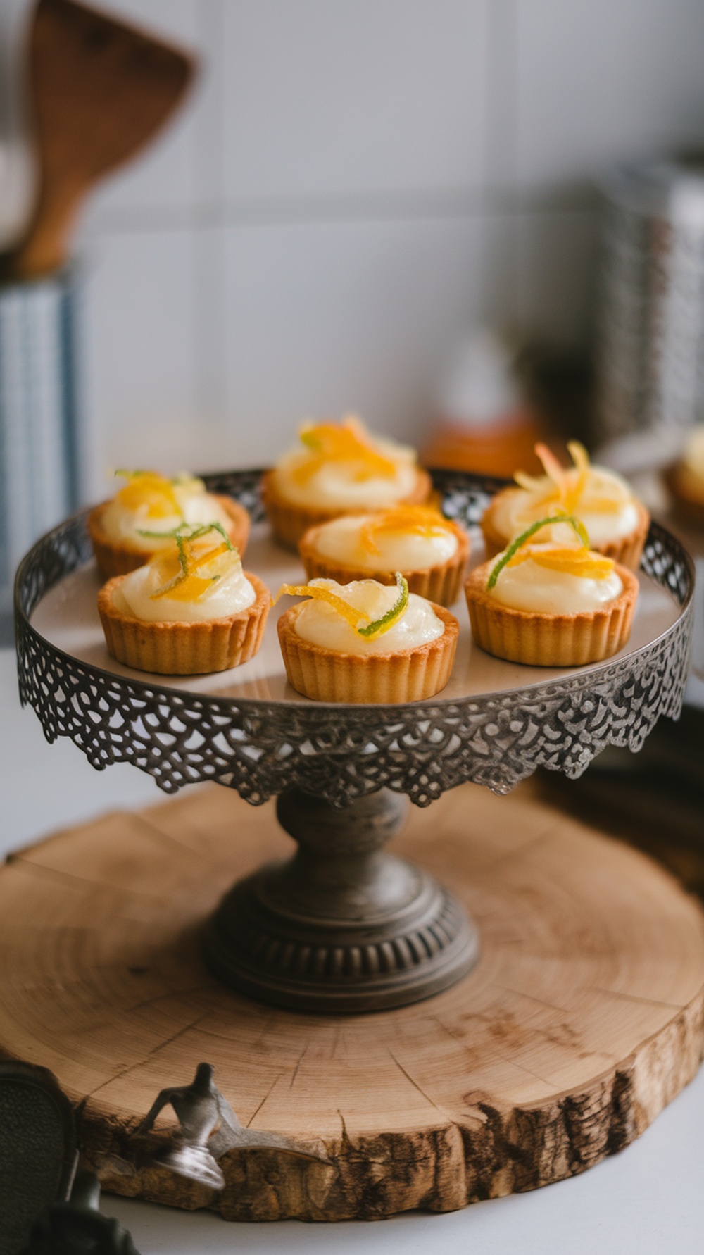 Lemon tartlets with candied zest on a decorative stand.